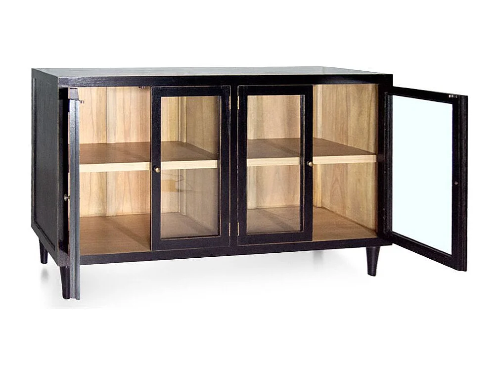 Buffet en bois massif noir 4 portes vitrées Forka 140cm