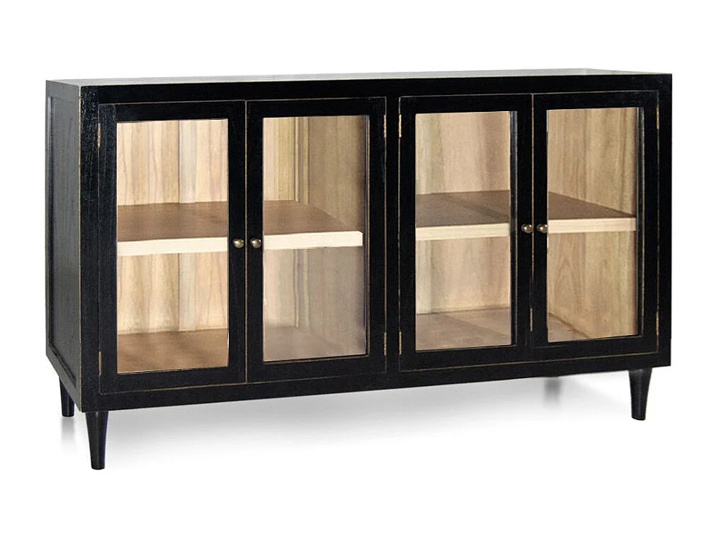 Buffet en bois massif noir 4 portes vitrées Forka 140cm