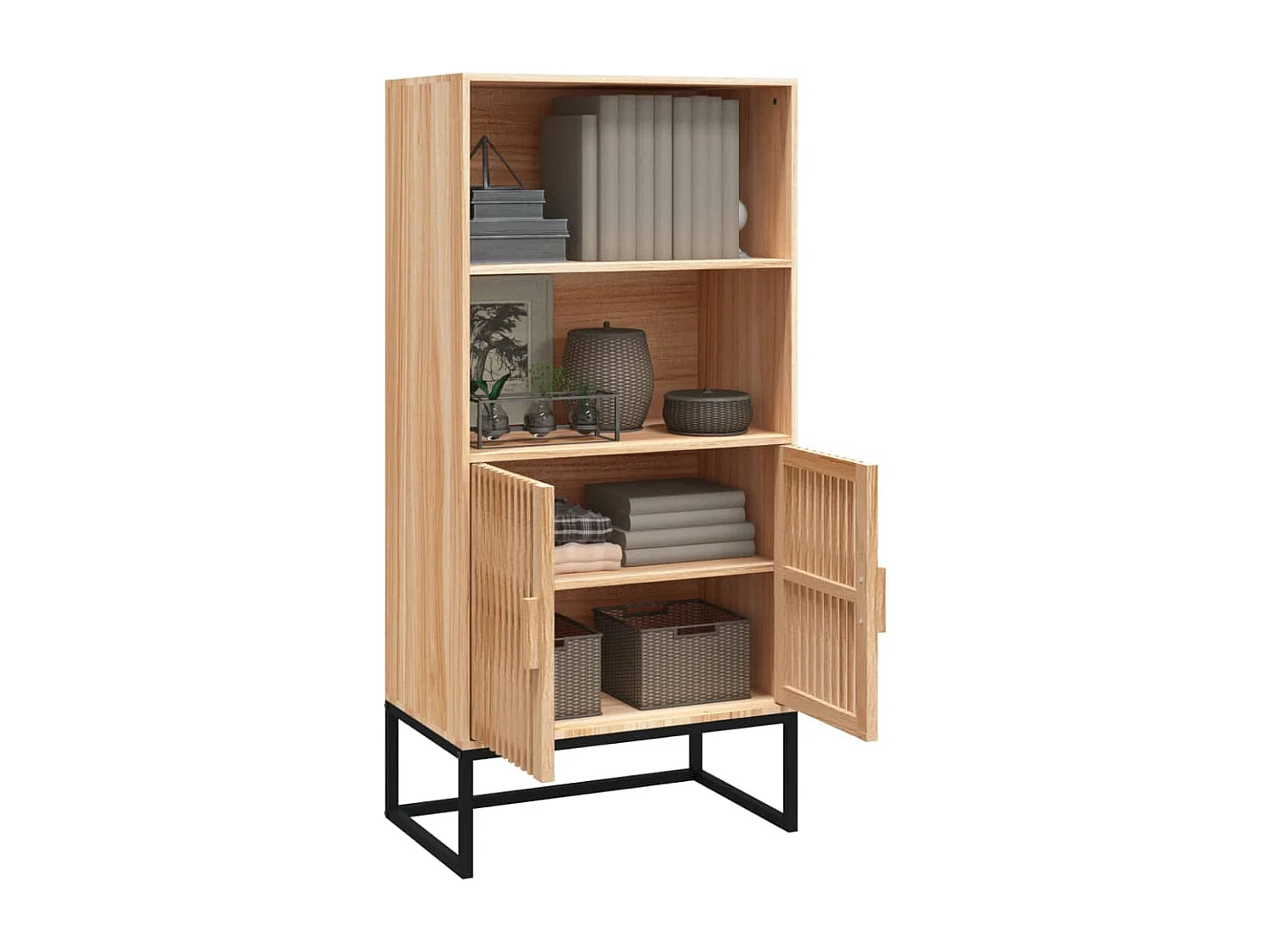 Meuble de rangement haut en bois et métal noir Korenza 60cm - 2 porte et 2 étagère-Naturel