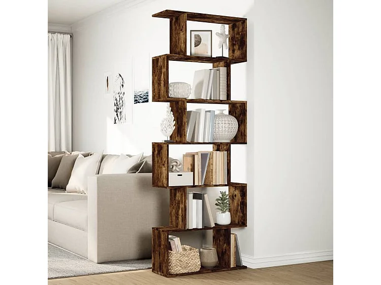 Étagère séparatrice de pièce à 6 niveaux chêne fumé 70x24x193