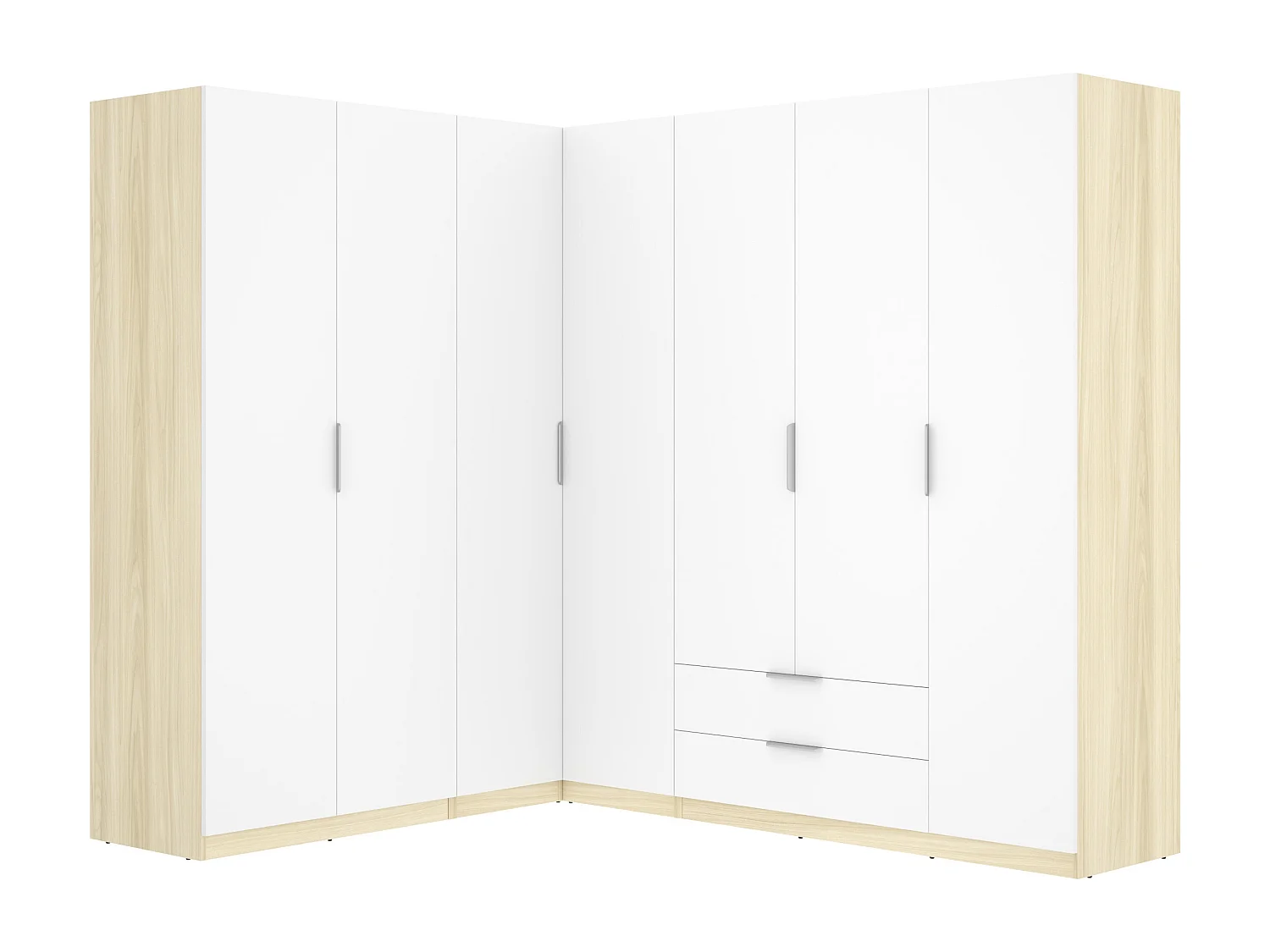 Armoire d'angle 7 portes 2 tiroirs - L325cm - Blanc et naturel clair - KALONY