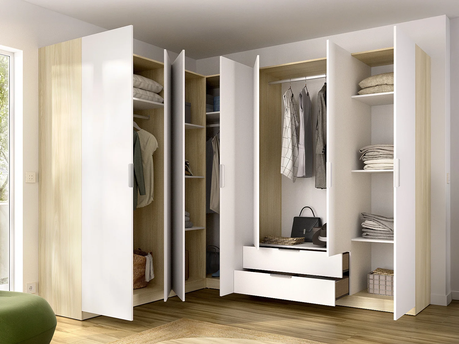 Armoire d'angle 7 portes 2 tiroirs - L325cm - Blanc et naturel clair - KALONY