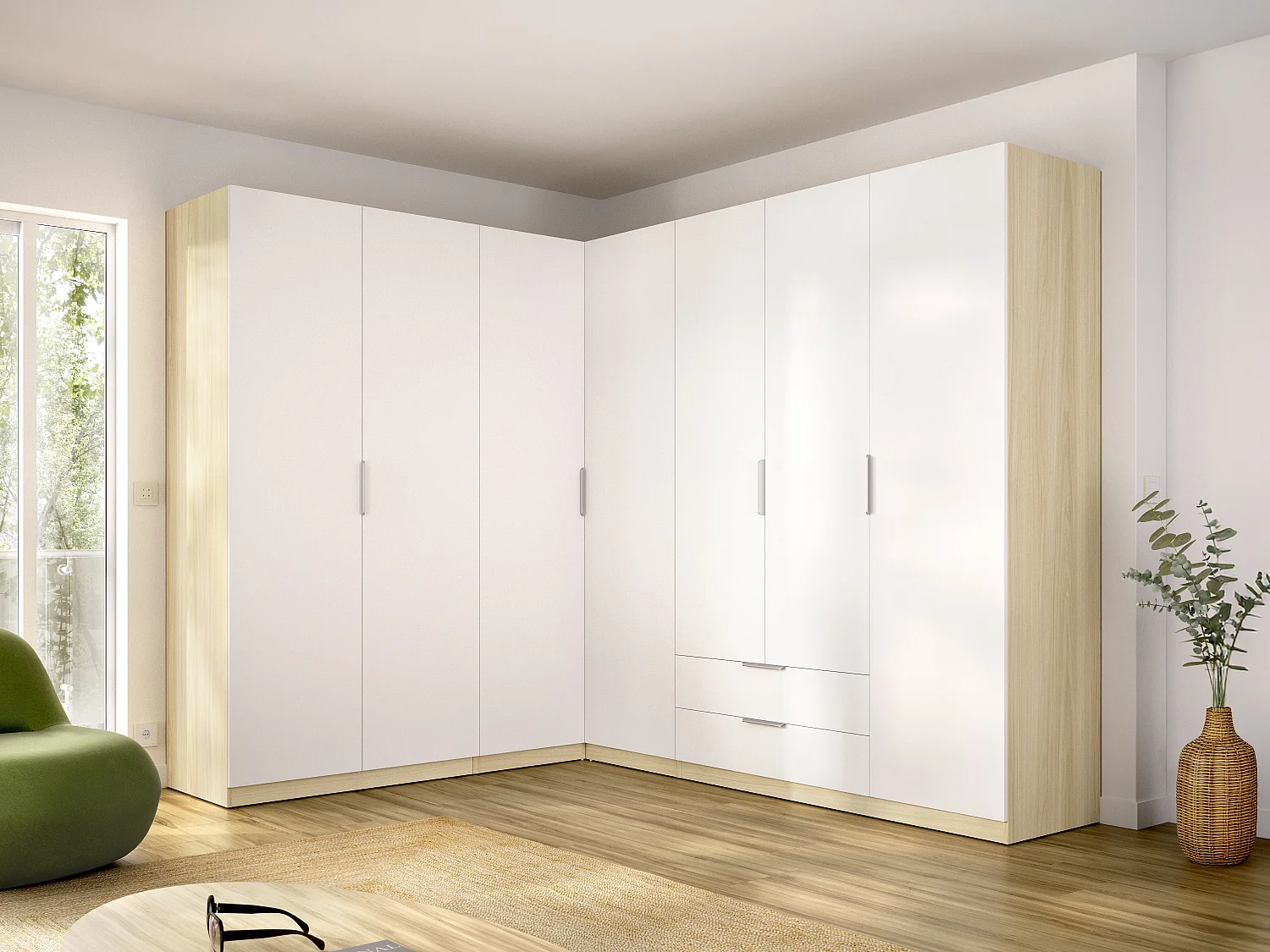 Armoire d'angle 7 portes 2 tiroirs - L325cm - Blanc et naturel clair - KALONY