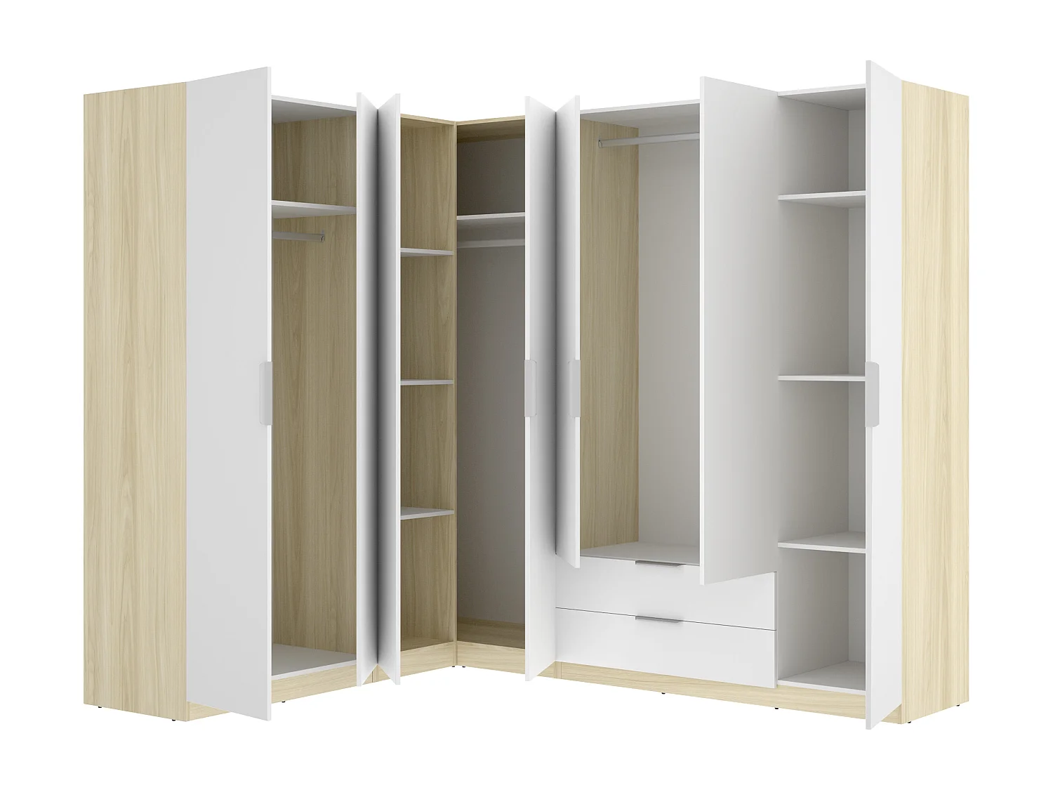 Armoire d'angle 7 portes 2 tiroirs - L325cm - Blanc et naturel clair - KALONY