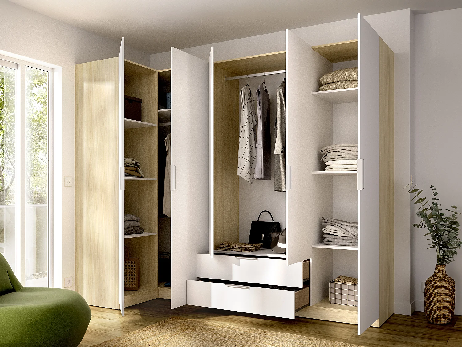 Armoire d'angle 5 portes 2 tiroirs - L234cm - Blanc et naturel clair - KALONY