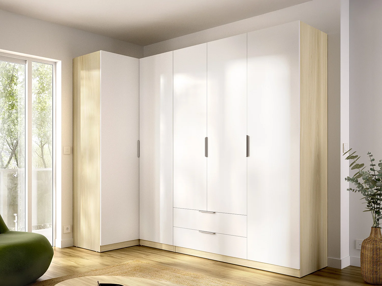 Armoire d'angle 5 portes 2 tiroirs - L234cm - Blanc et naturel clair - KALONY