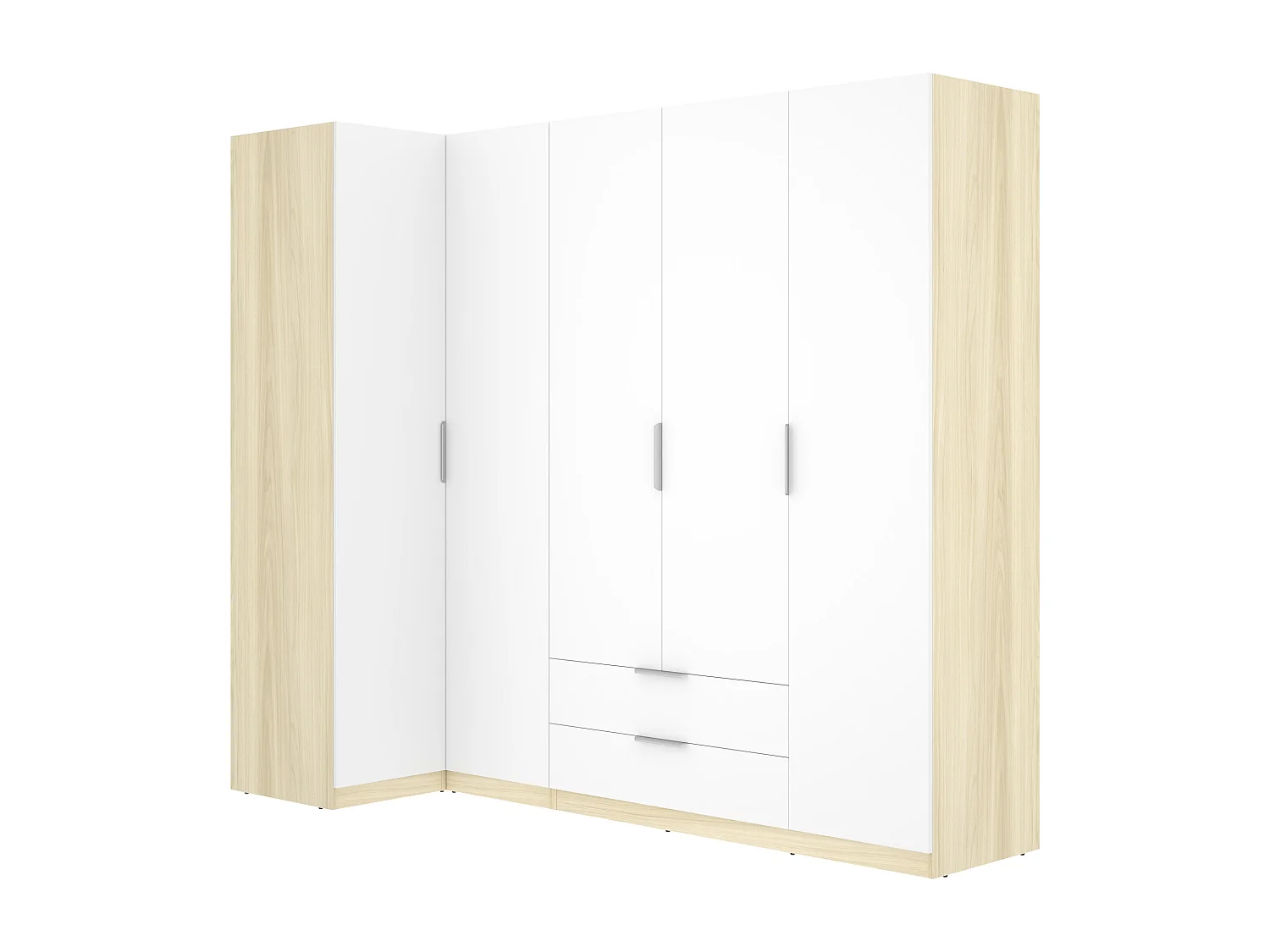 Armoire d'angle 5 portes 2 tiroirs - L234cm - Blanc et naturel clair - KALONY