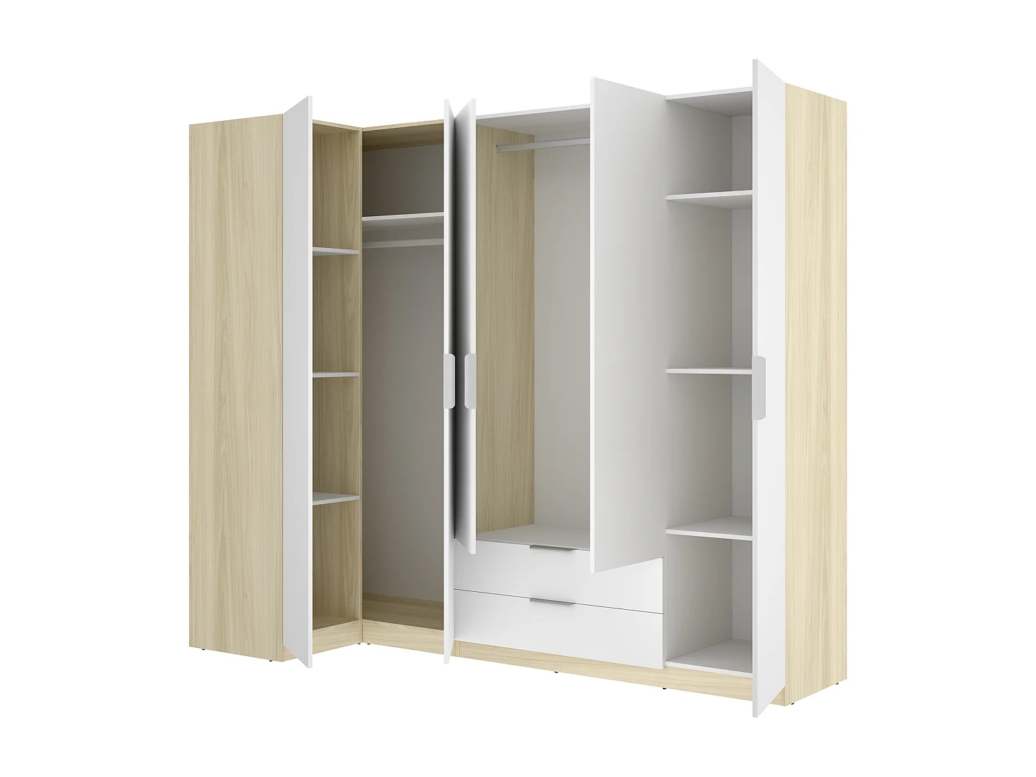Armoire d'angle 5 portes 2 tiroirs - L234cm - Blanc et naturel clair - KALONY