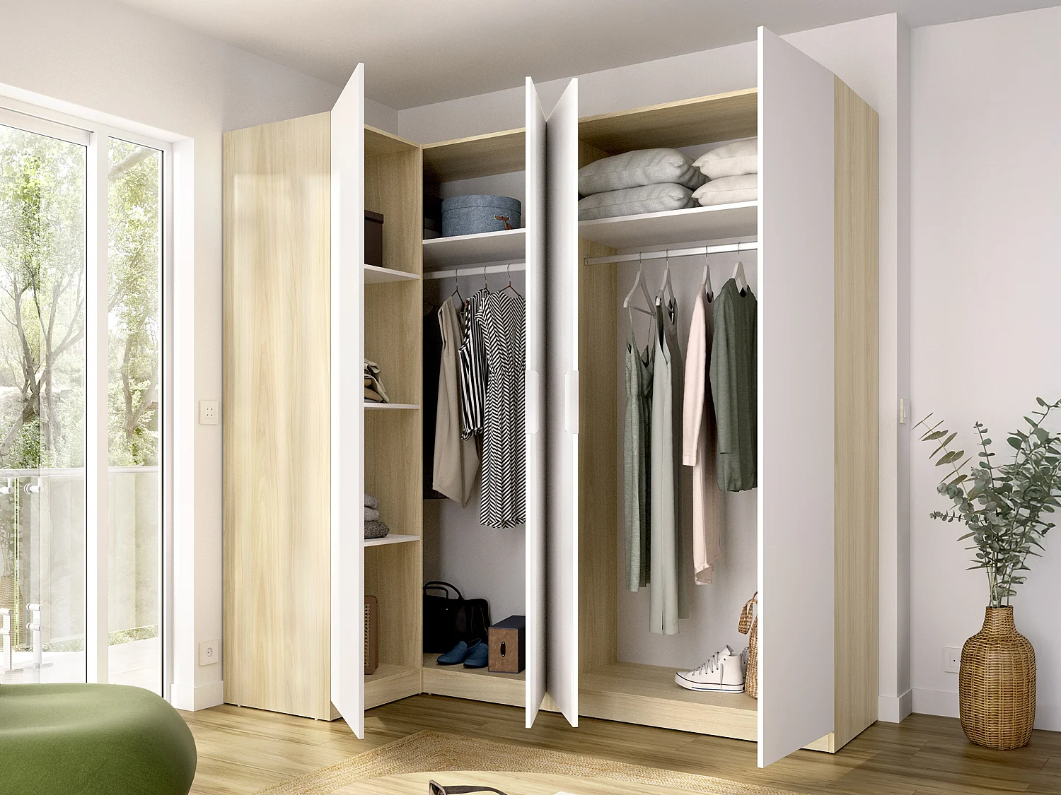 Armoire d'angle 4 portes - L188cm - Blanc et naturel clair - KALONY