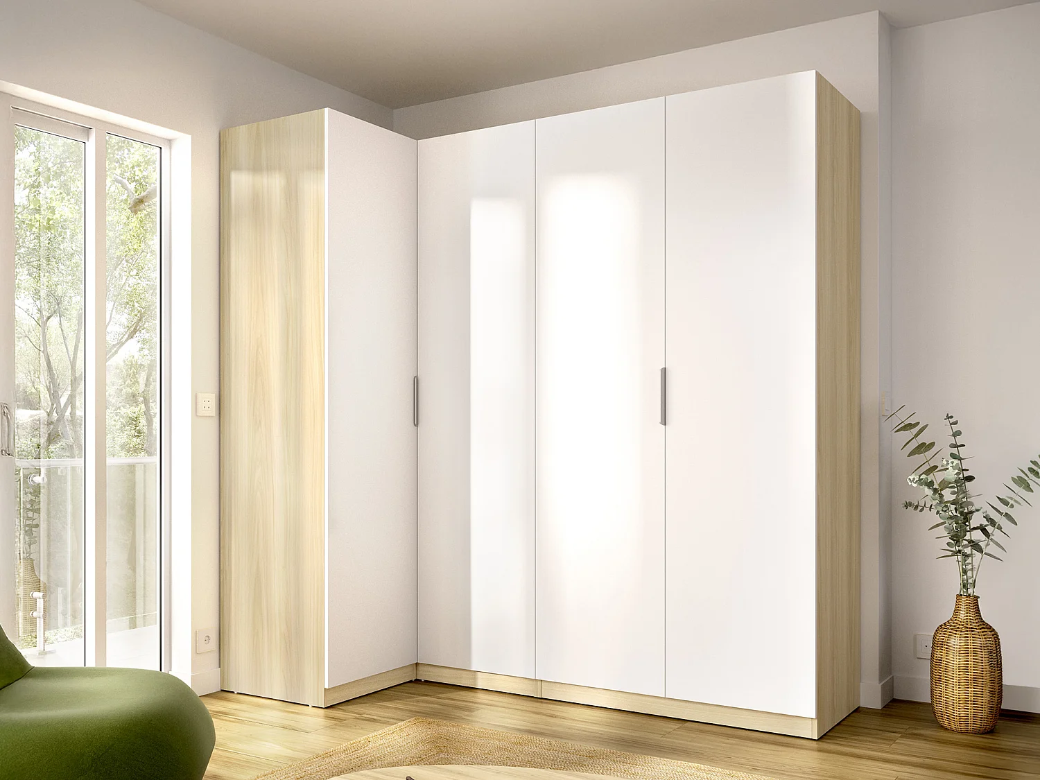 Armoire d'angle 4 portes - L188cm - Blanc et naturel clair - KALONY
