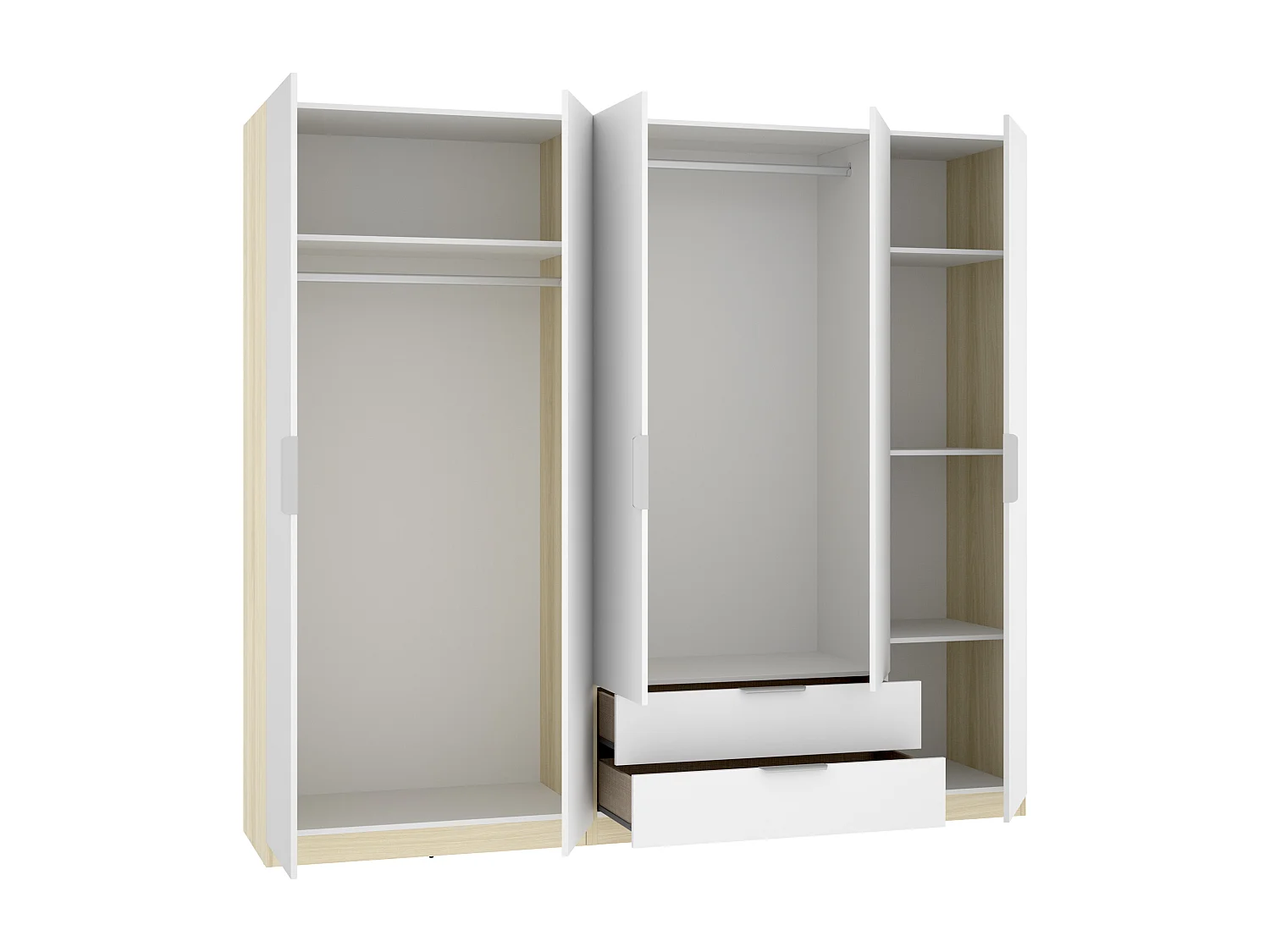 Armoire 5 portes 2 tiroirs - L228cm - Blanc et naturel clair - KALONY
