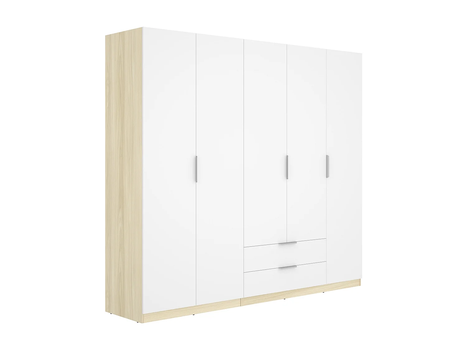 Armoire 5 portes 2 tiroirs - L228cm - Blanc et naturel clair - KALONY