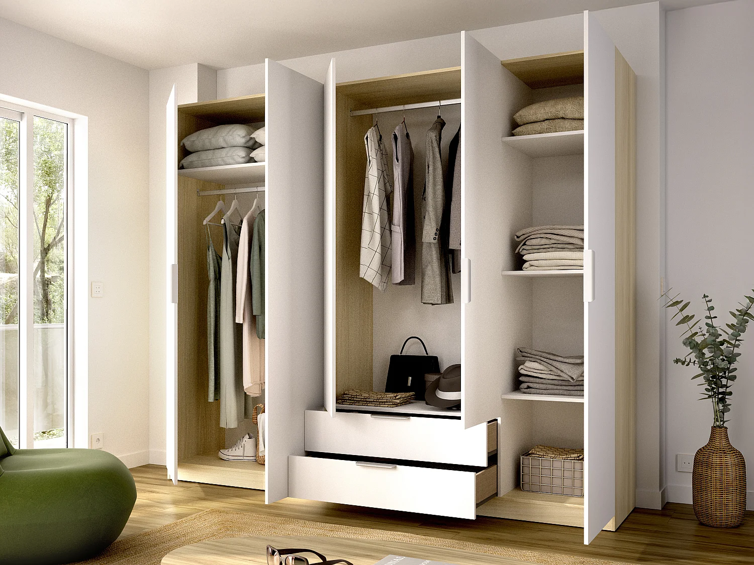 Armoire 5 portes 2 tiroirs - L228cm - Blanc et naturel clair - KALONY