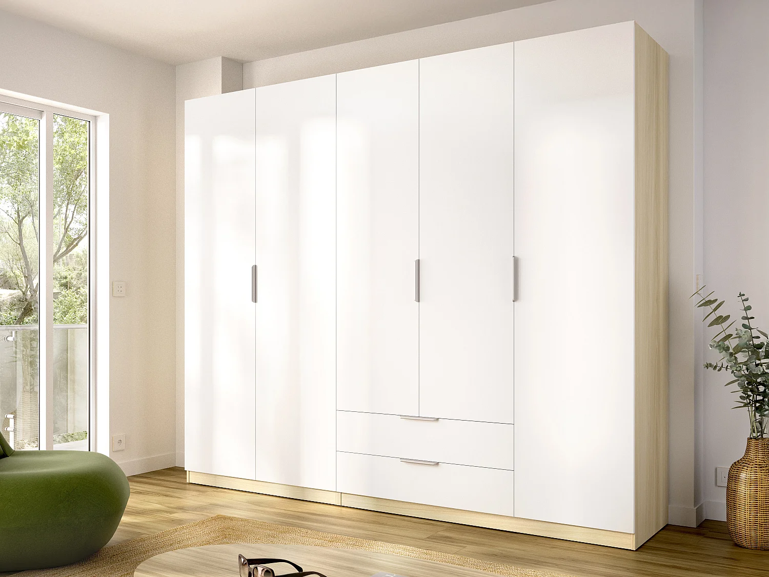Armoire 5 portes 2 tiroirs - L228cm - Blanc et naturel clair - KALONY
