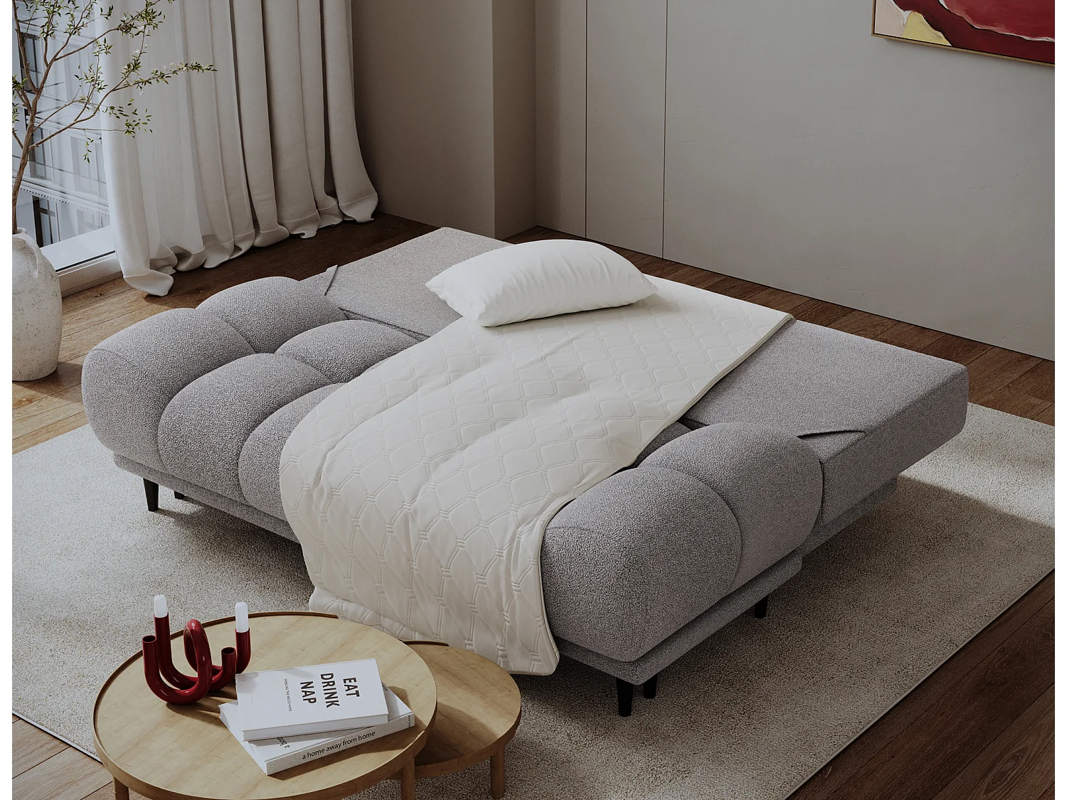 Canapé convertible 2 places NIVIO avec coffre et pieds en bois noir – 210cm-Gris