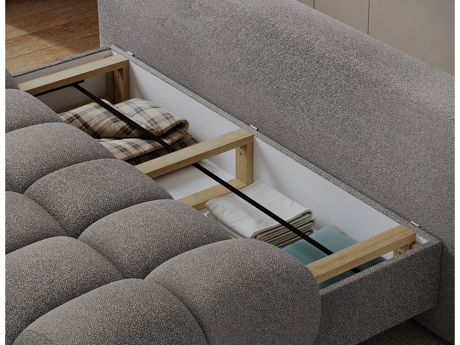 Canapé convertible 2 places NIVIO avec coffre et pieds en bois noir – 210cm-Gris