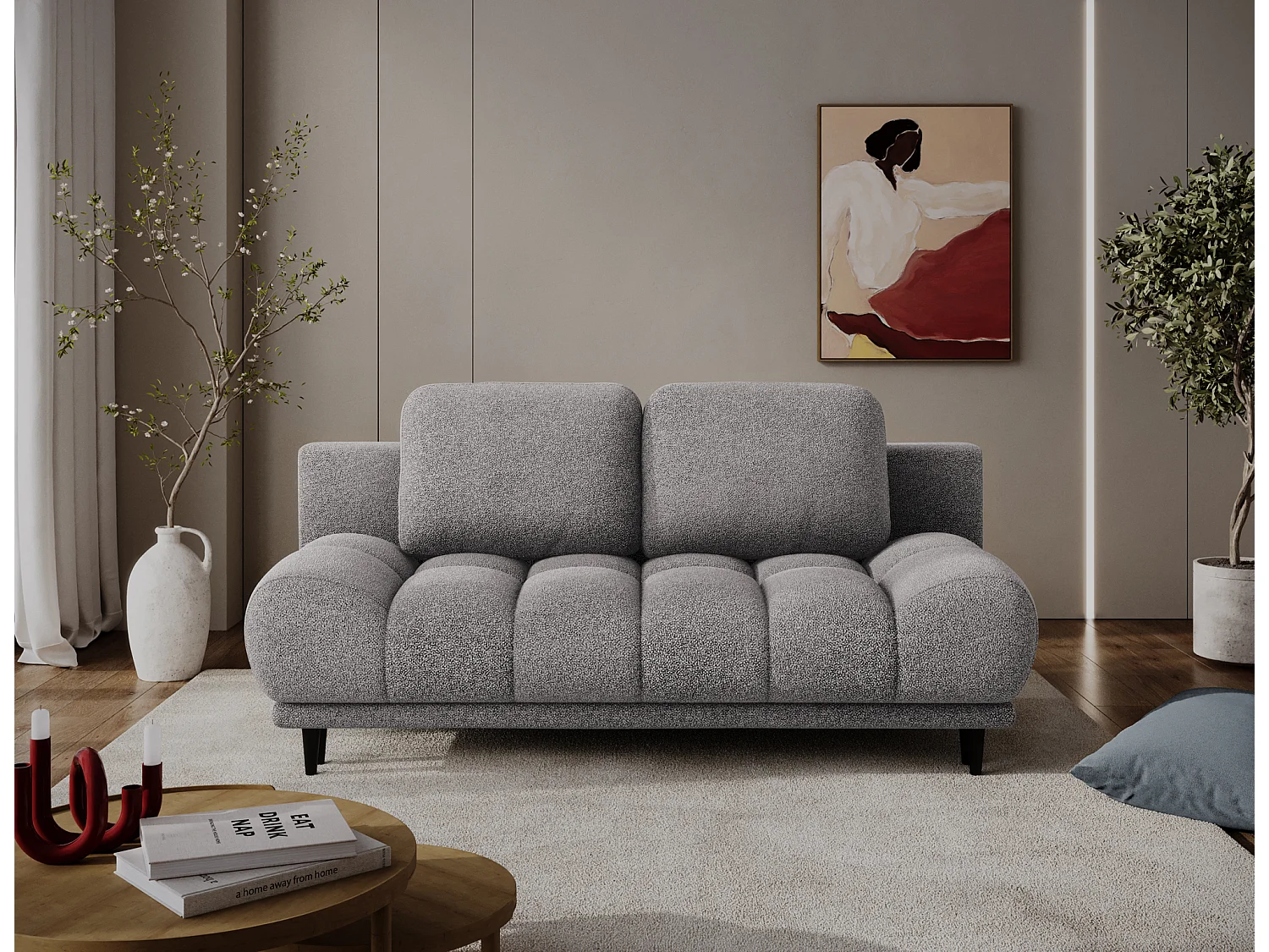 Canapé convertible 2 places NIVIO avec coffre et pieds en bois noir – 210cm-Gris