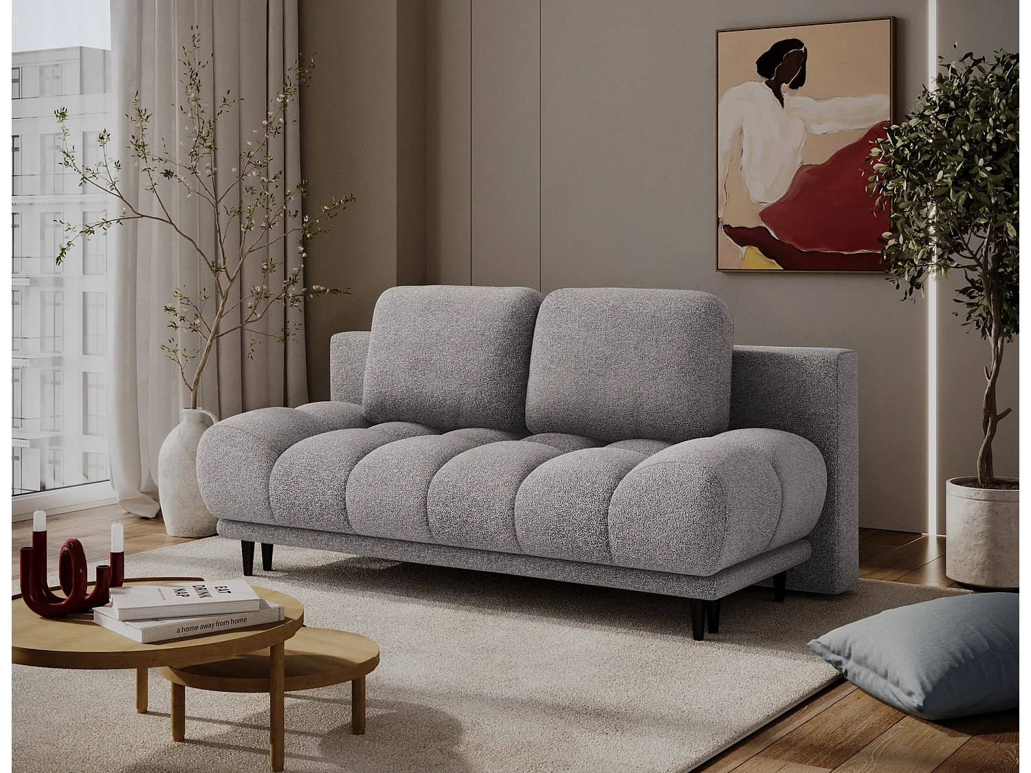 Canapé convertible 2 places NIVIO avec coffre et pieds en bois noir – 210cm-Gris