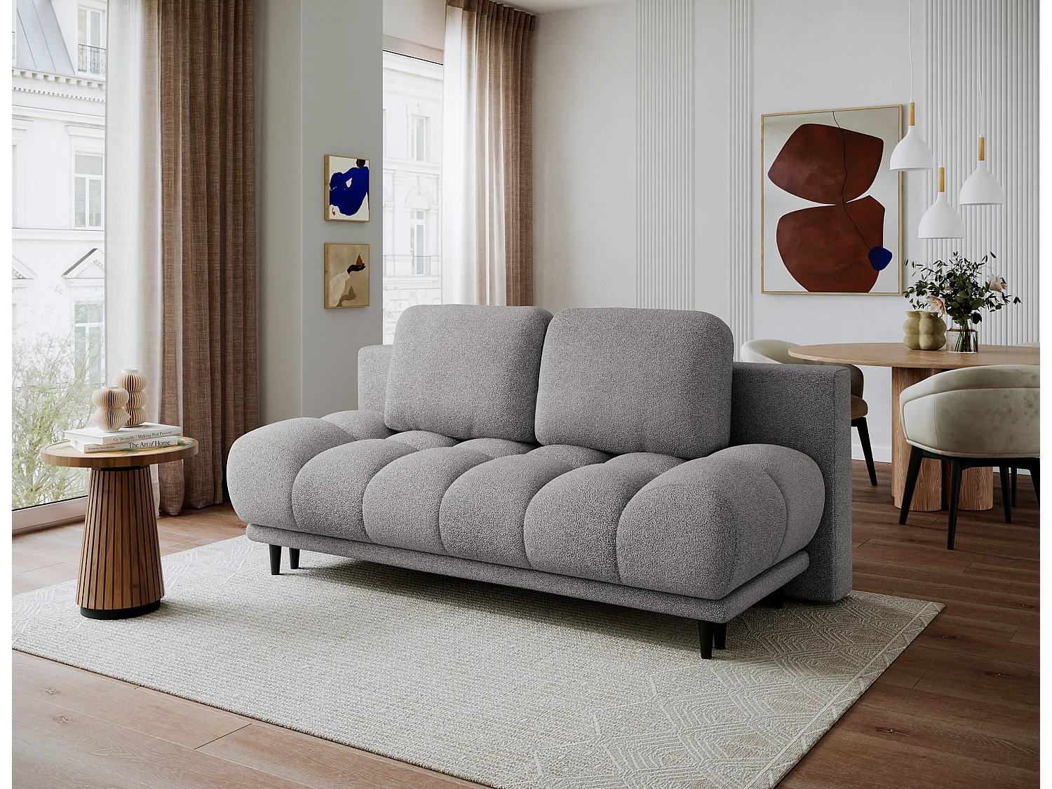 Canapé convertible 2 places NIVIO avec coffre et pieds en bois noir – 210cm-Gris