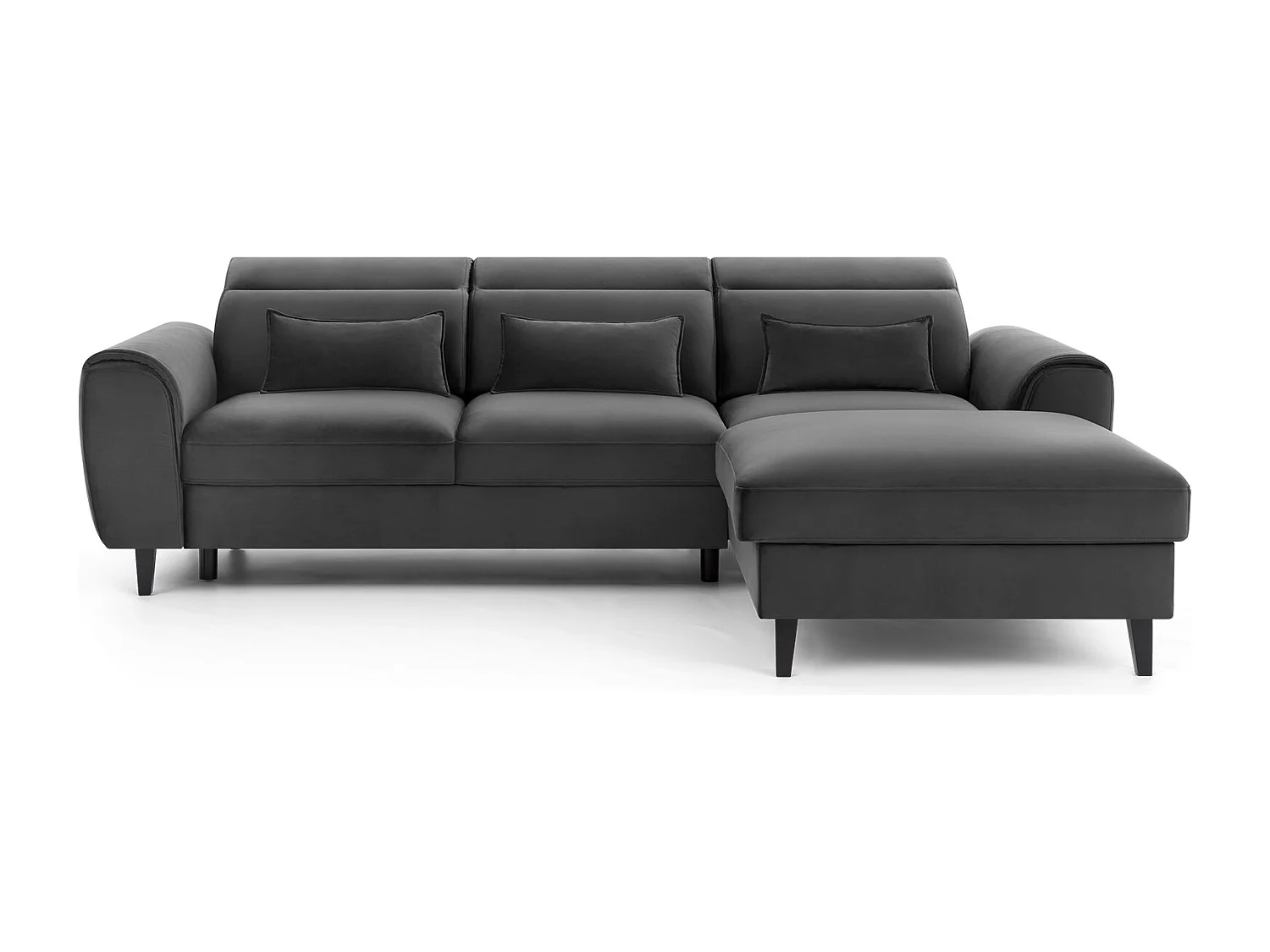 Canapé d'angle convertible velours appuis-tête réglables ASTORIA - Coffre et pieds bois noir-Gris foncé-angle droit