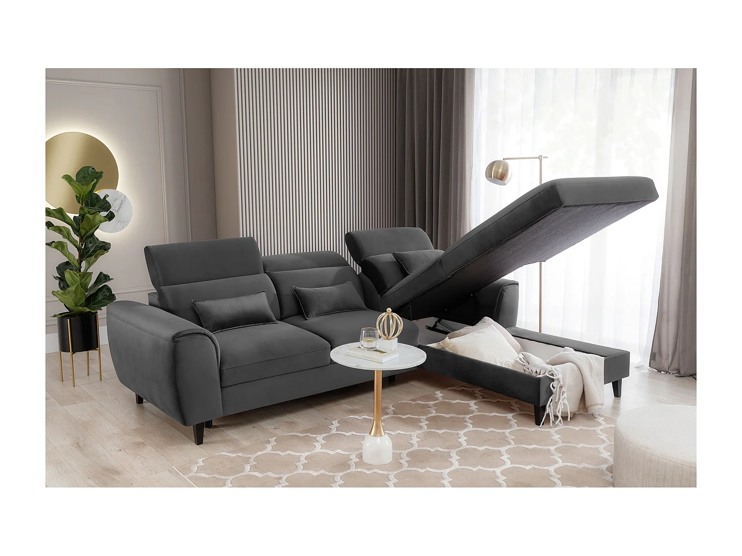 Canapé d'angle convertible velours appuis-tête réglables ASTORIA - Coffre et pieds bois noir-Gris foncé-angle droit