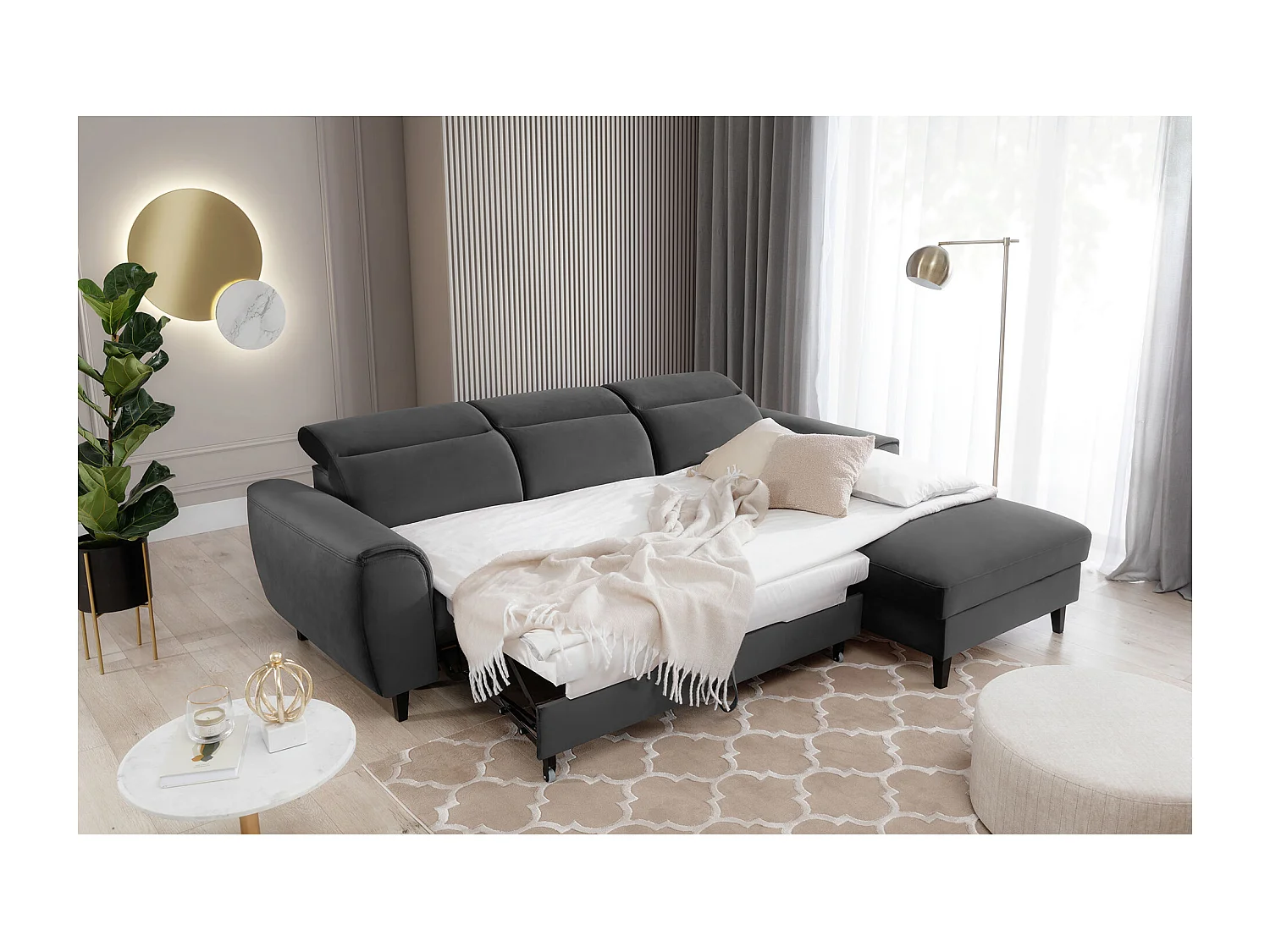 Canapé d'angle convertible velours appuis-tête réglables ASTORIA - Coffre et pieds bois noir-Gris foncé-angle droit