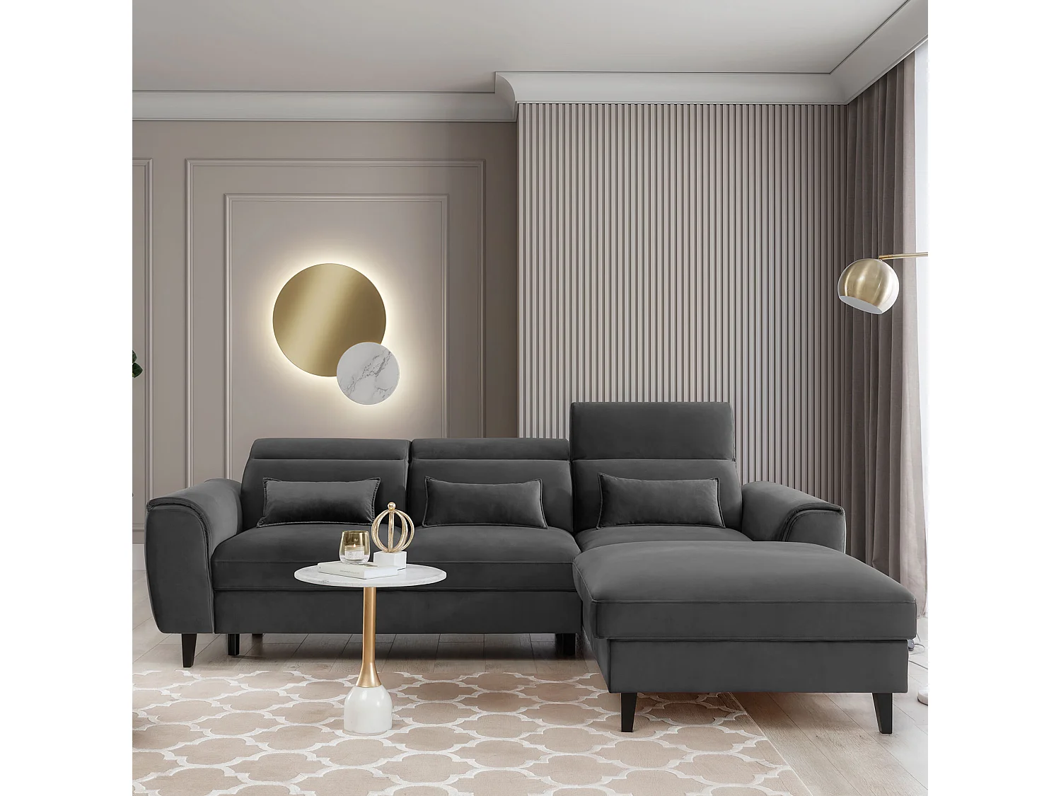 Canapé d'angle convertible velours appuis-tête réglables ASTORIA - Coffre et pieds bois noir-Gris foncé-angle droit