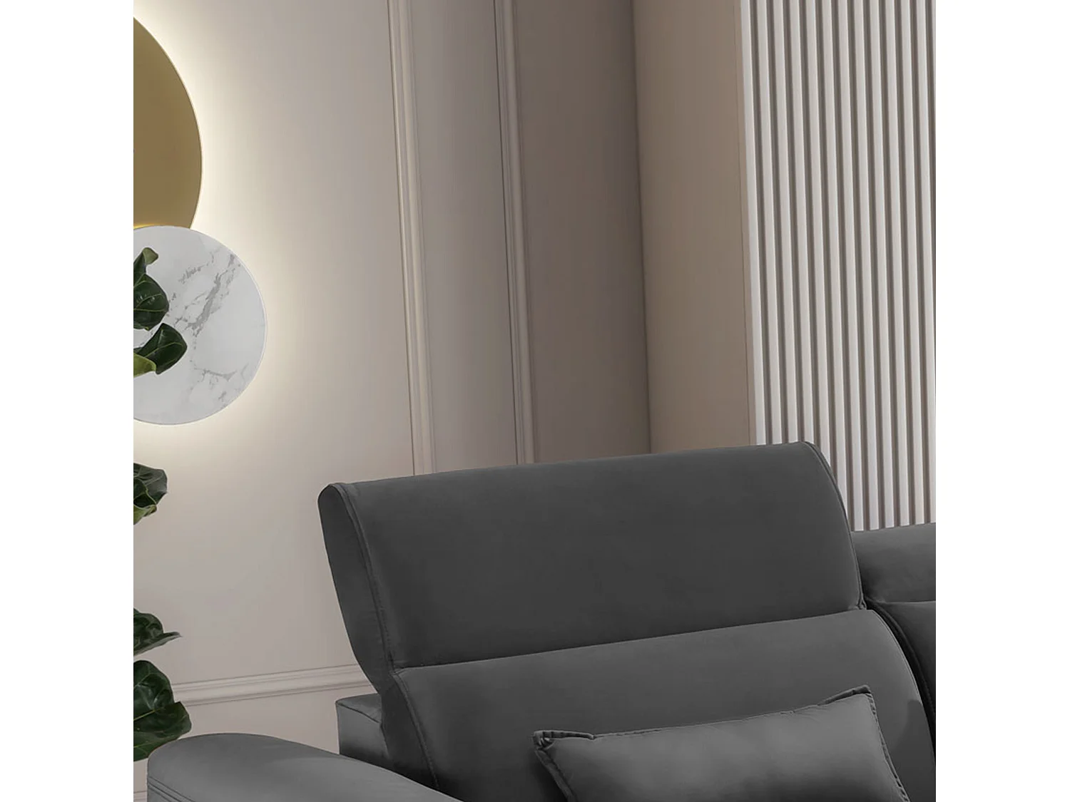 Canapé d'angle convertible velours appuis-tête réglables ASTORIA - Coffre et pieds bois noir-Gris foncé-angle droit