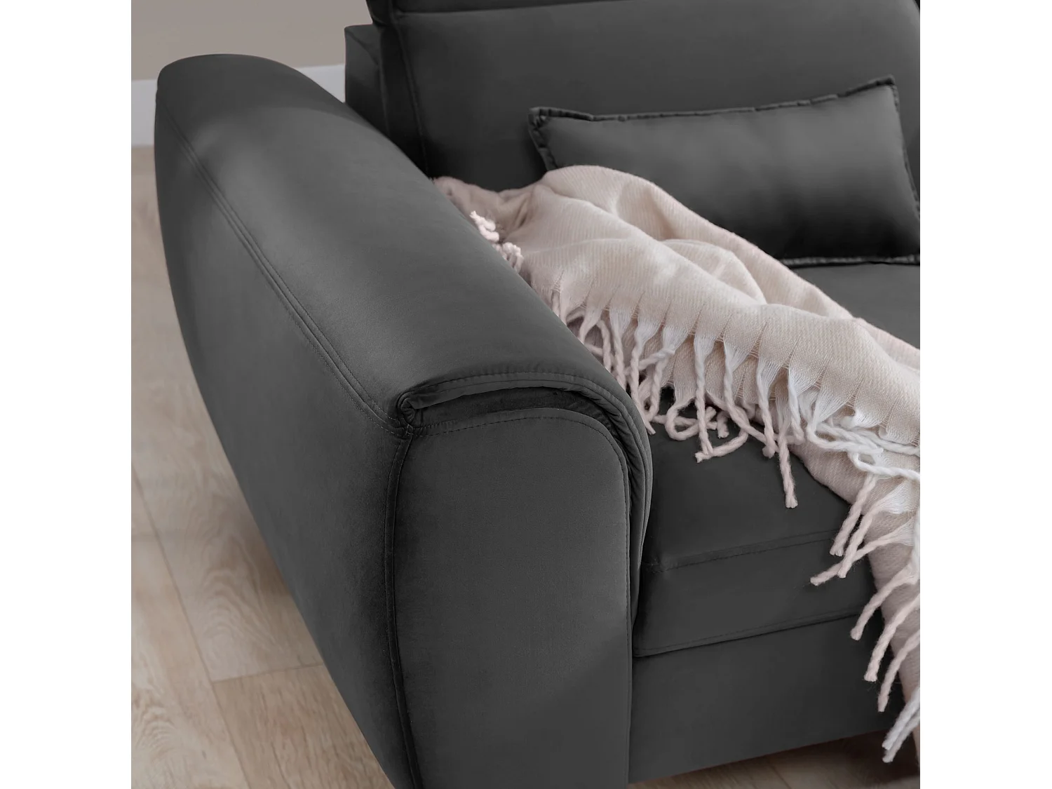 Canapé d'angle convertible velours appuis-tête réglables ASTORIA - Coffre et pieds bois noir-Gris foncé-angle droit