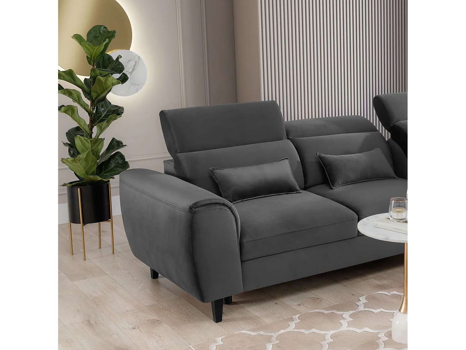 Canapé d'angle convertible velours appuis-tête réglables ASTORIA - Coffre et pieds bois noir-Gris foncé-angle droit