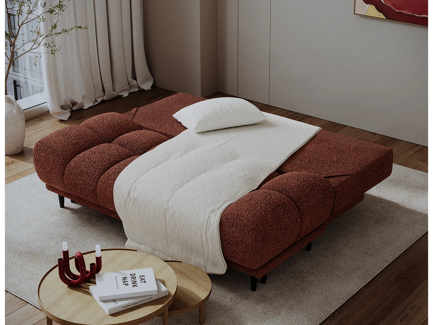 Canapé convertible 2 places NIVIO avec coffre et pieds en bois noir – 210cm-Terracotta