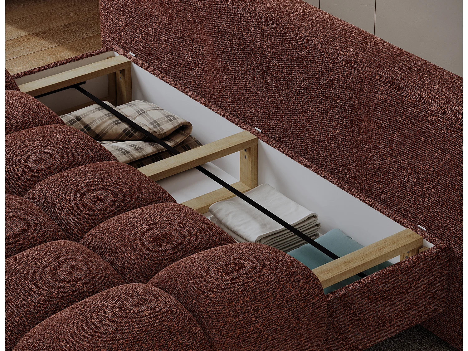 Canapé convertible 2 places NIVIO avec coffre et pieds en bois noir – 210cm-Terracotta