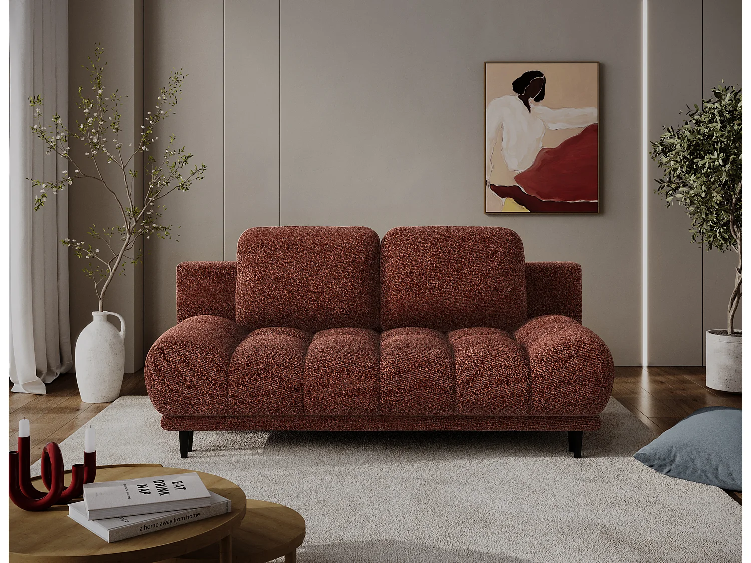 Canapé convertible 2 places NIVIO avec coffre et pieds en bois noir – 210cm-Terracotta