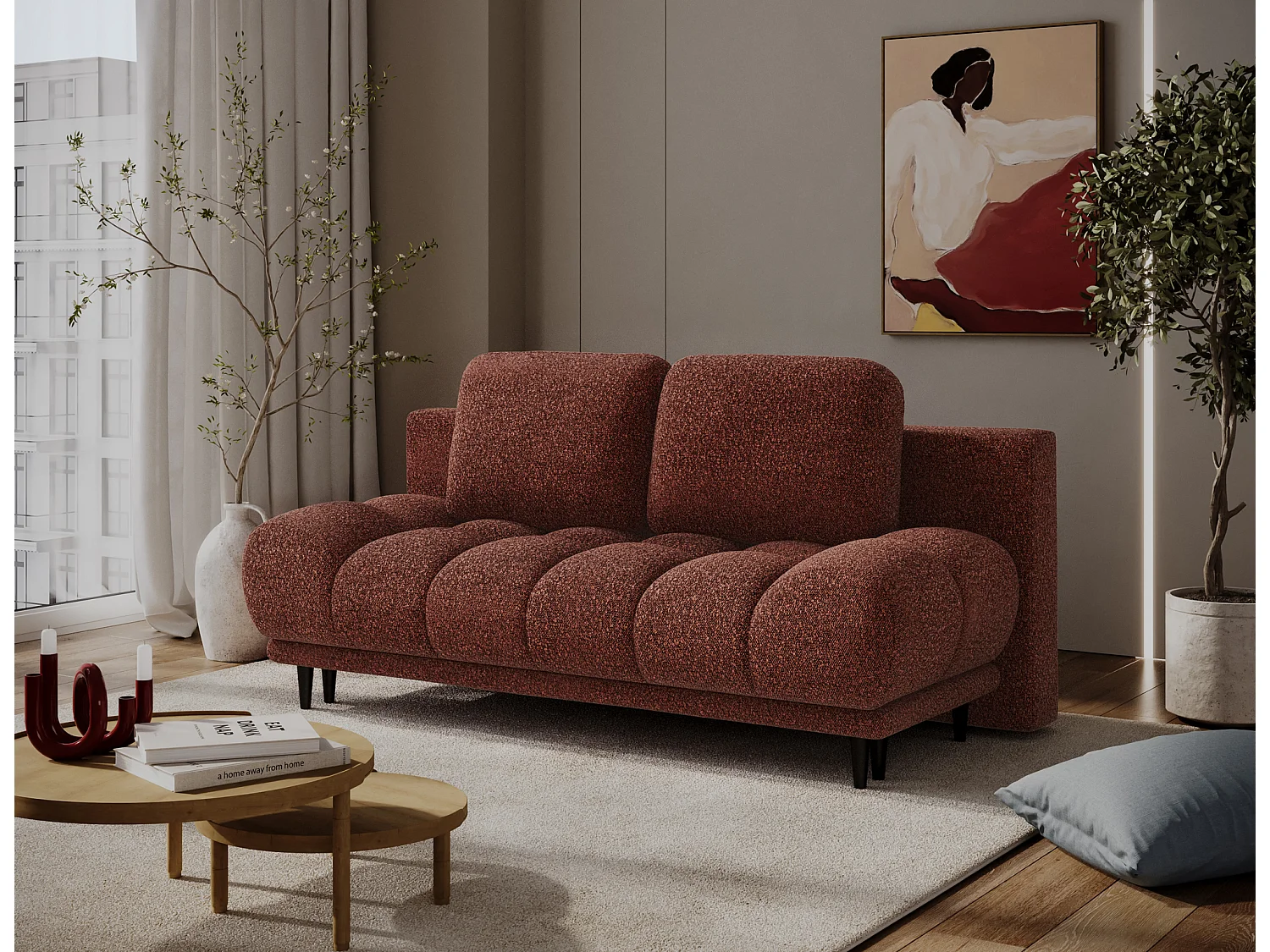 Canapé convertible 2 places NIVIO avec coffre et pieds en bois noir – 210cm-Terracotta