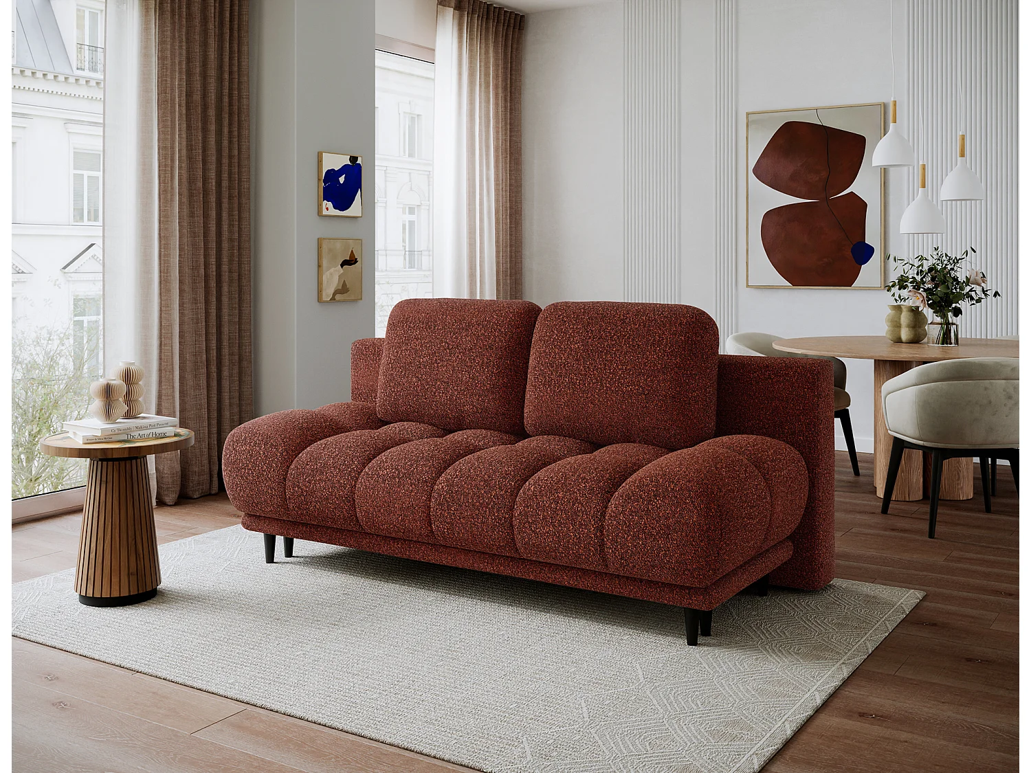 Canapé convertible 2 places NIVIO avec coffre et pieds en bois noir – 210cm-Terracotta