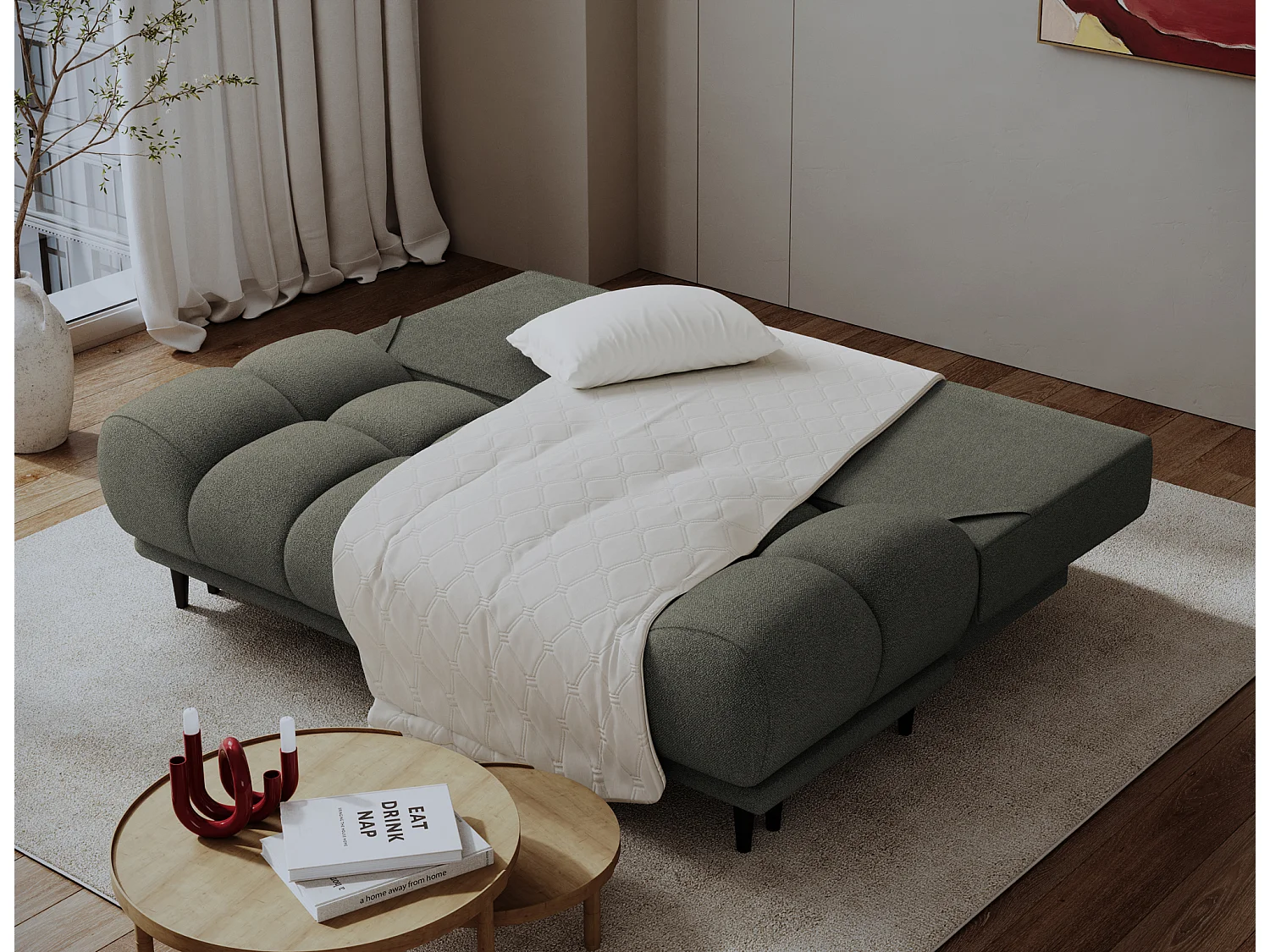 Canapé convertible 2 places NIVIO avec coffre et pieds en bois noir – 210cm-Vert