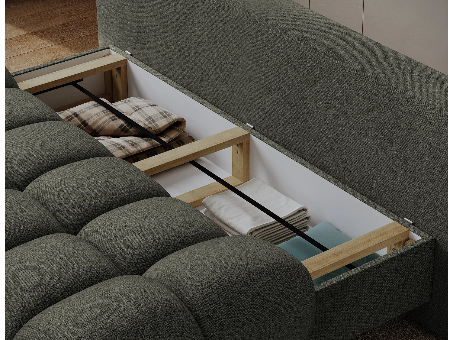 Canapé convertible 2 places NIVIO avec coffre et pieds en bois noir – 210cm-Vert