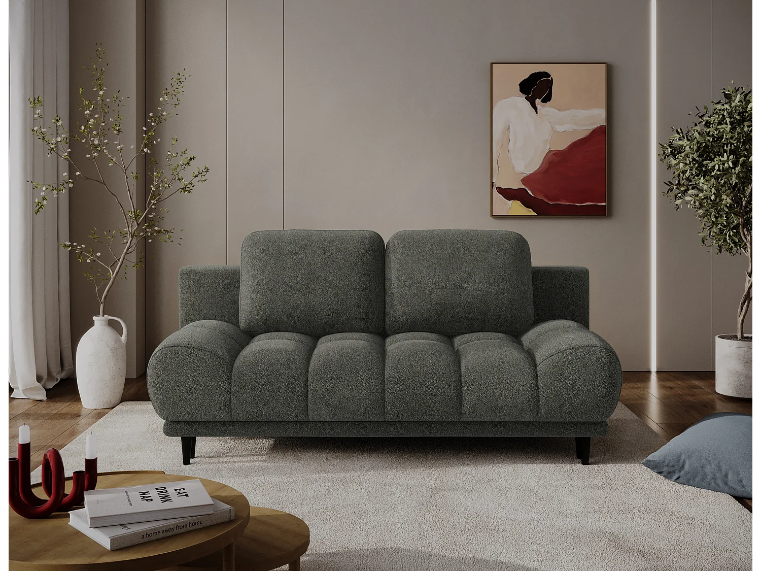 Canapé convertible 2 places NIVIO avec coffre et pieds en bois noir – 210cm-Vert