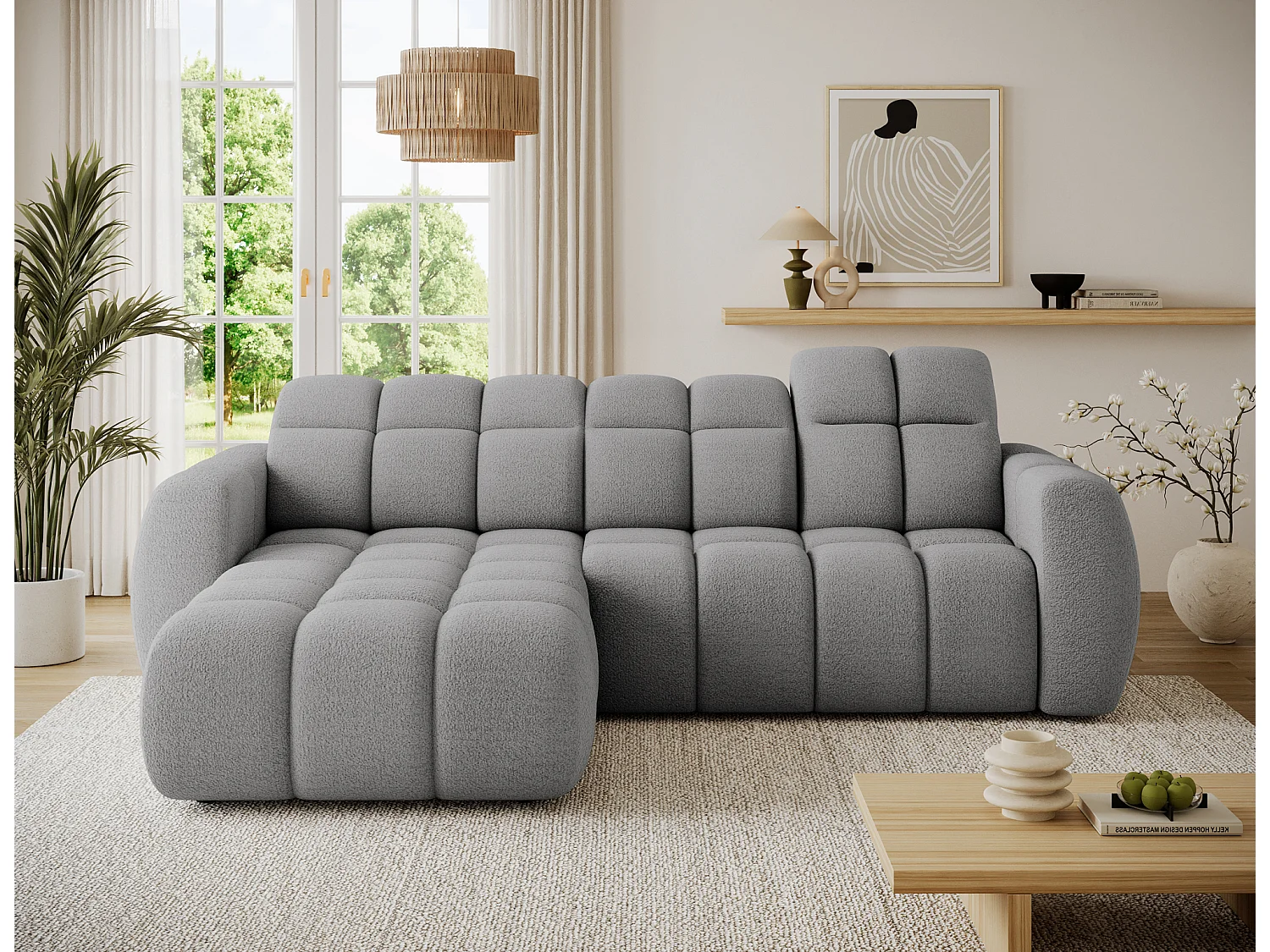 Canapé d’angle convertible 4 places tissu FENKA 288cm – Assise électrique & têtières réglables-Gris-angle gauche