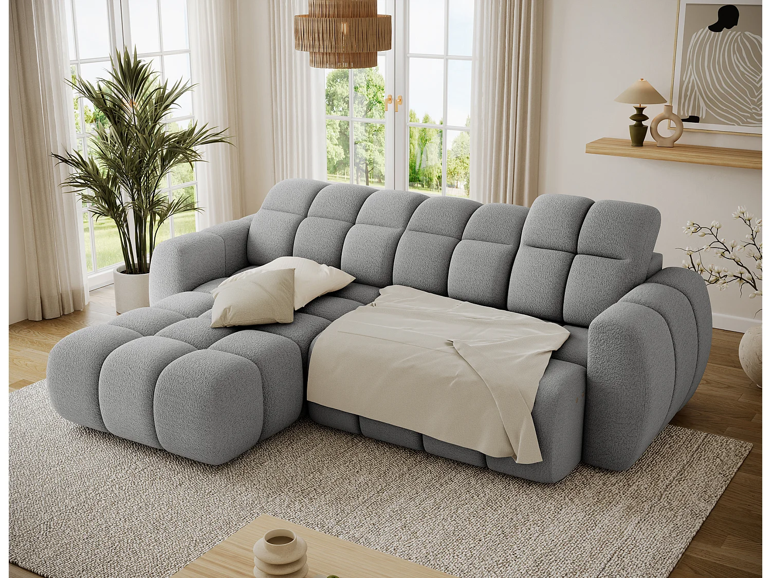 Canapé d’angle convertible 4 places tissu FENKA 288cm – Assise électrique & têtières réglables-Gris-angle gauche