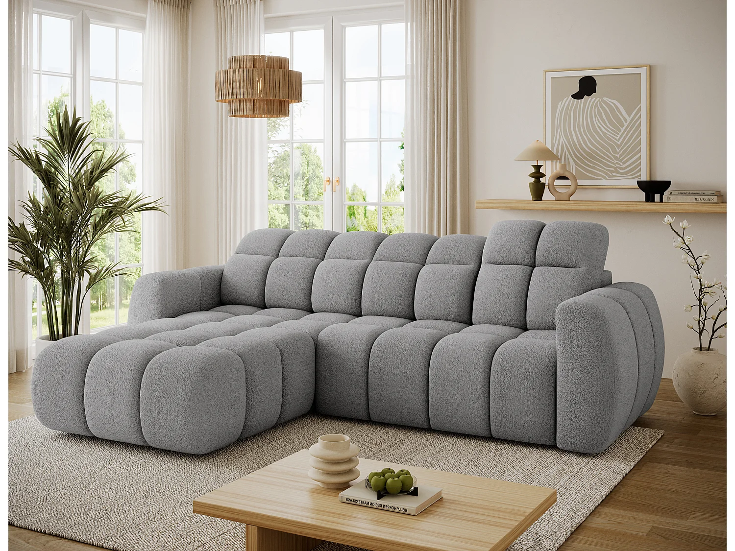 Canapé d’angle convertible 4 places tissu FENKA 288cm – Assise électrique & têtières réglables-Gris-angle gauche