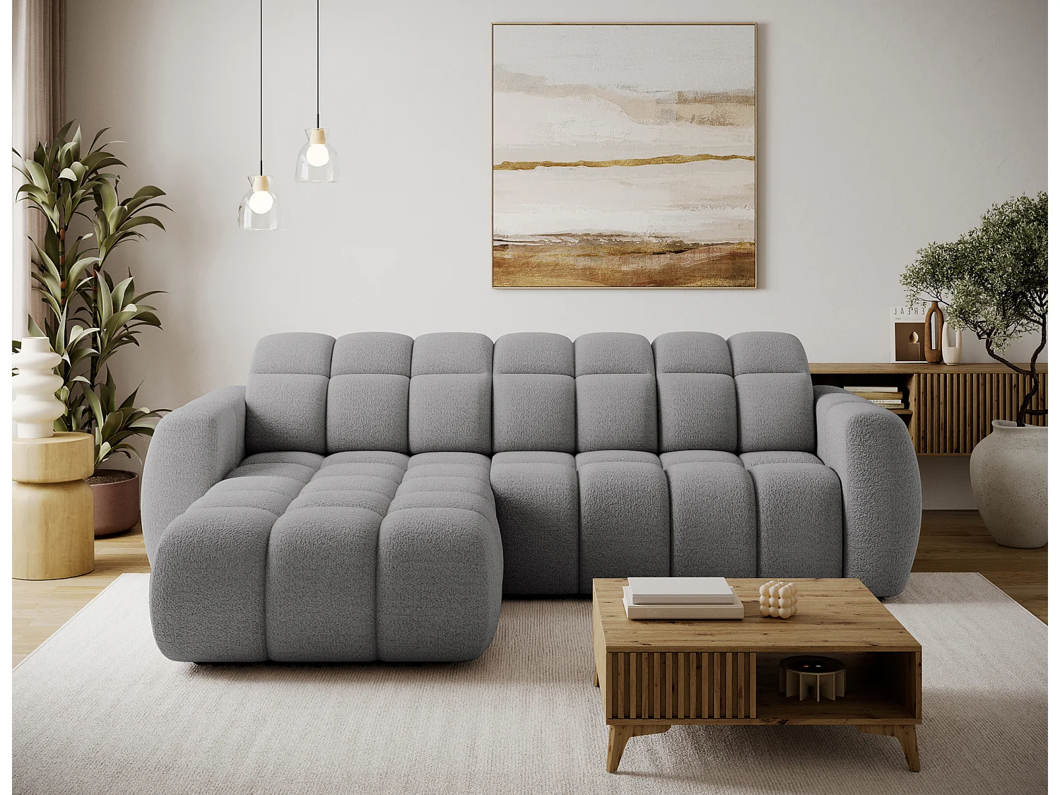 Canapé d’angle convertible 4 places tissu FENKA 288cm – Assise électrique & têtières réglables-Gris-angle gauche