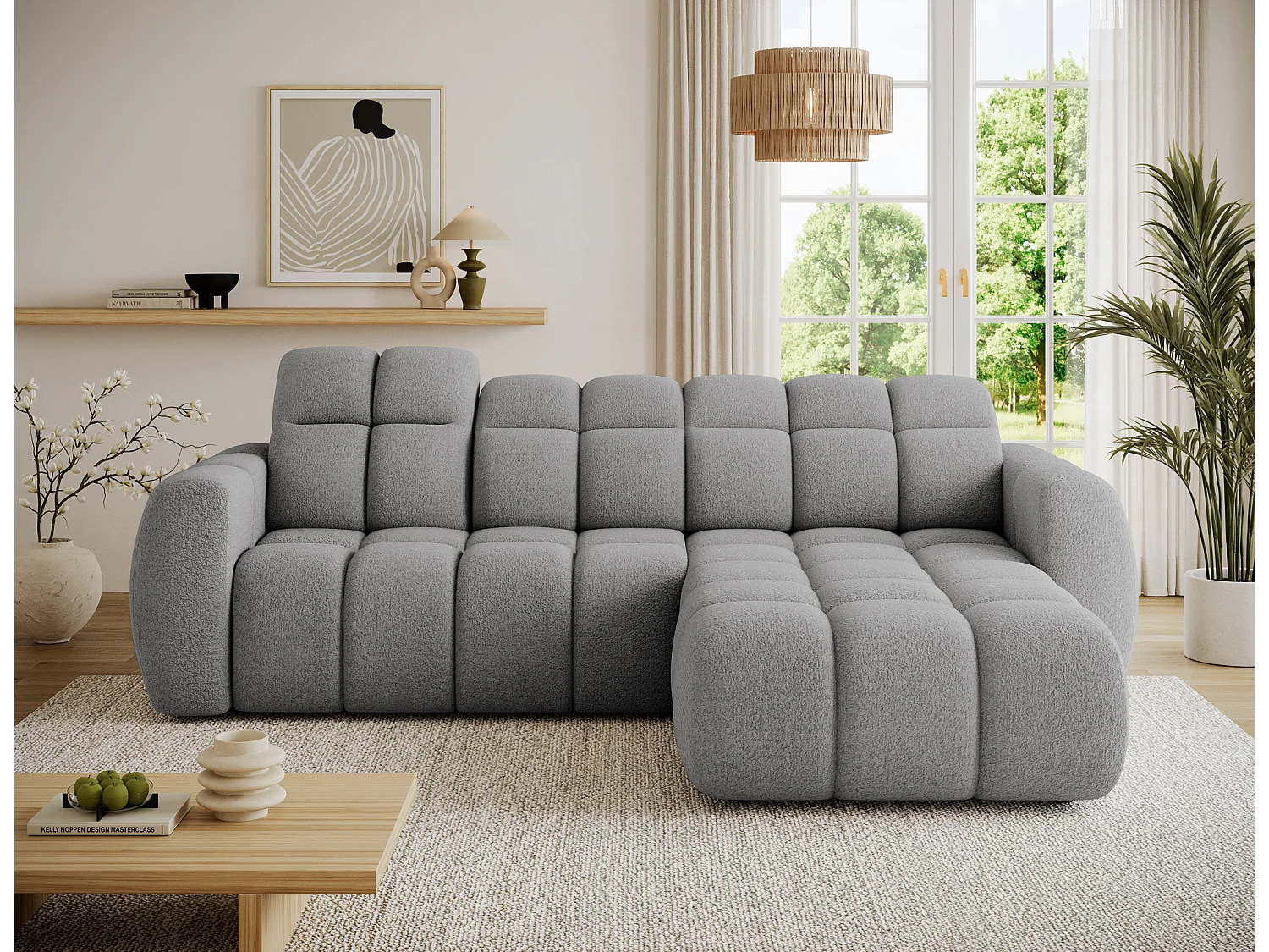 Canapé d’angle convertible 4 places tissu FENKA 288cm – Assise électrique & têtières réglables-Gris-angle droit