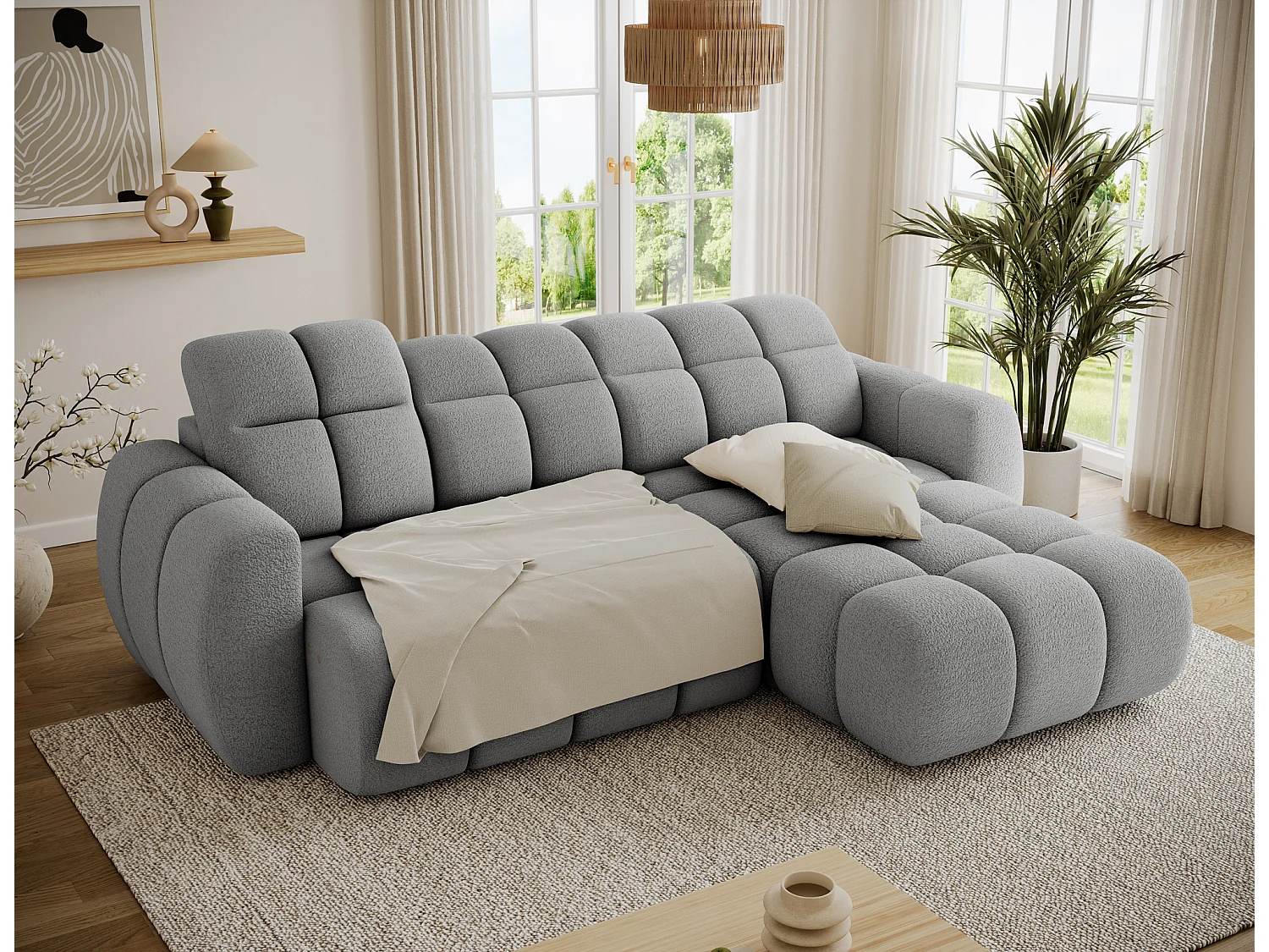 Canapé d’angle convertible 4 places tissu FENKA 288cm – Assise électrique & têtières réglables-Gris-angle droit