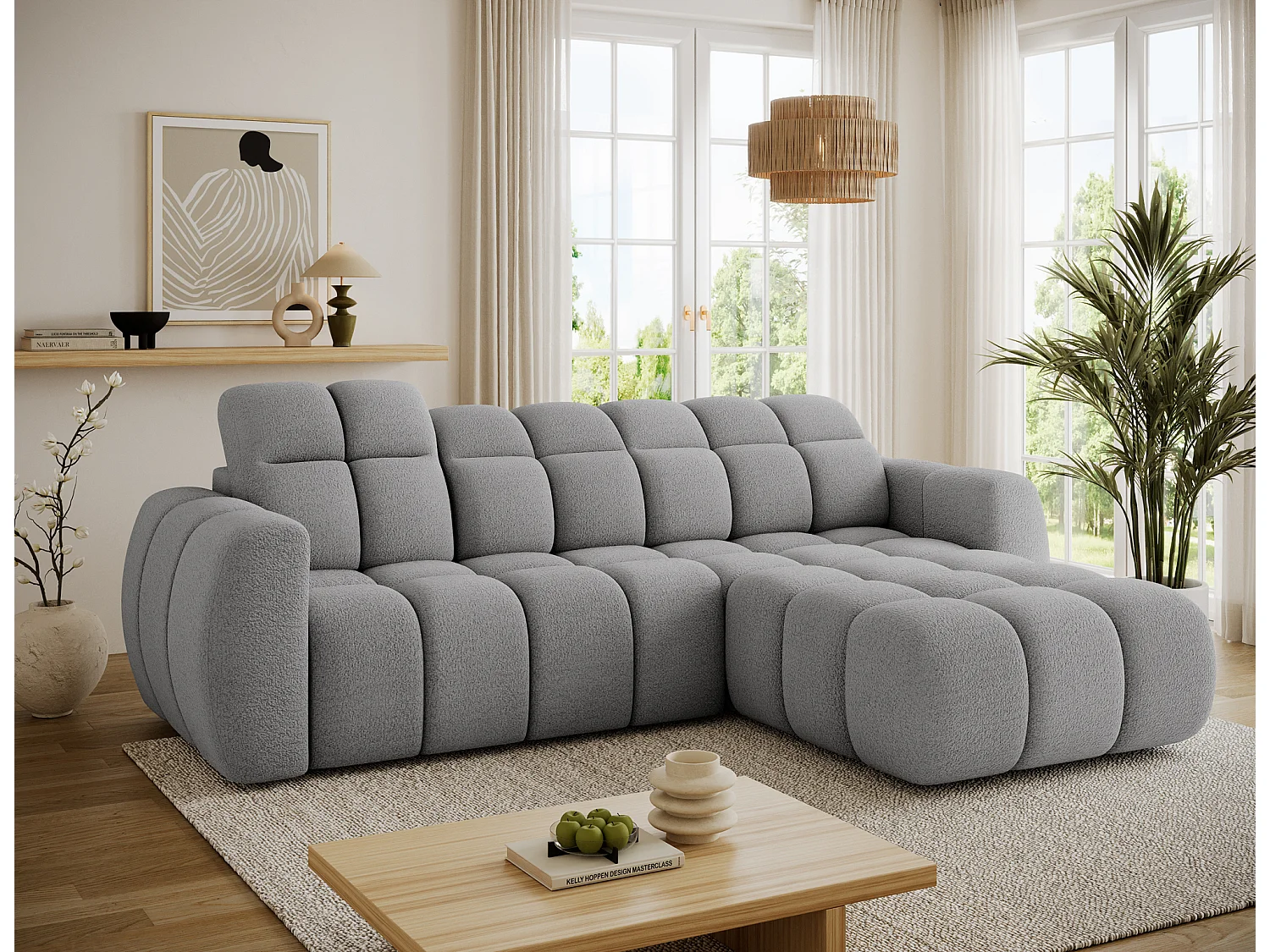 Canapé d’angle convertible 4 places tissu FENKA 288cm – Assise électrique & têtières réglables-Gris-angle droit