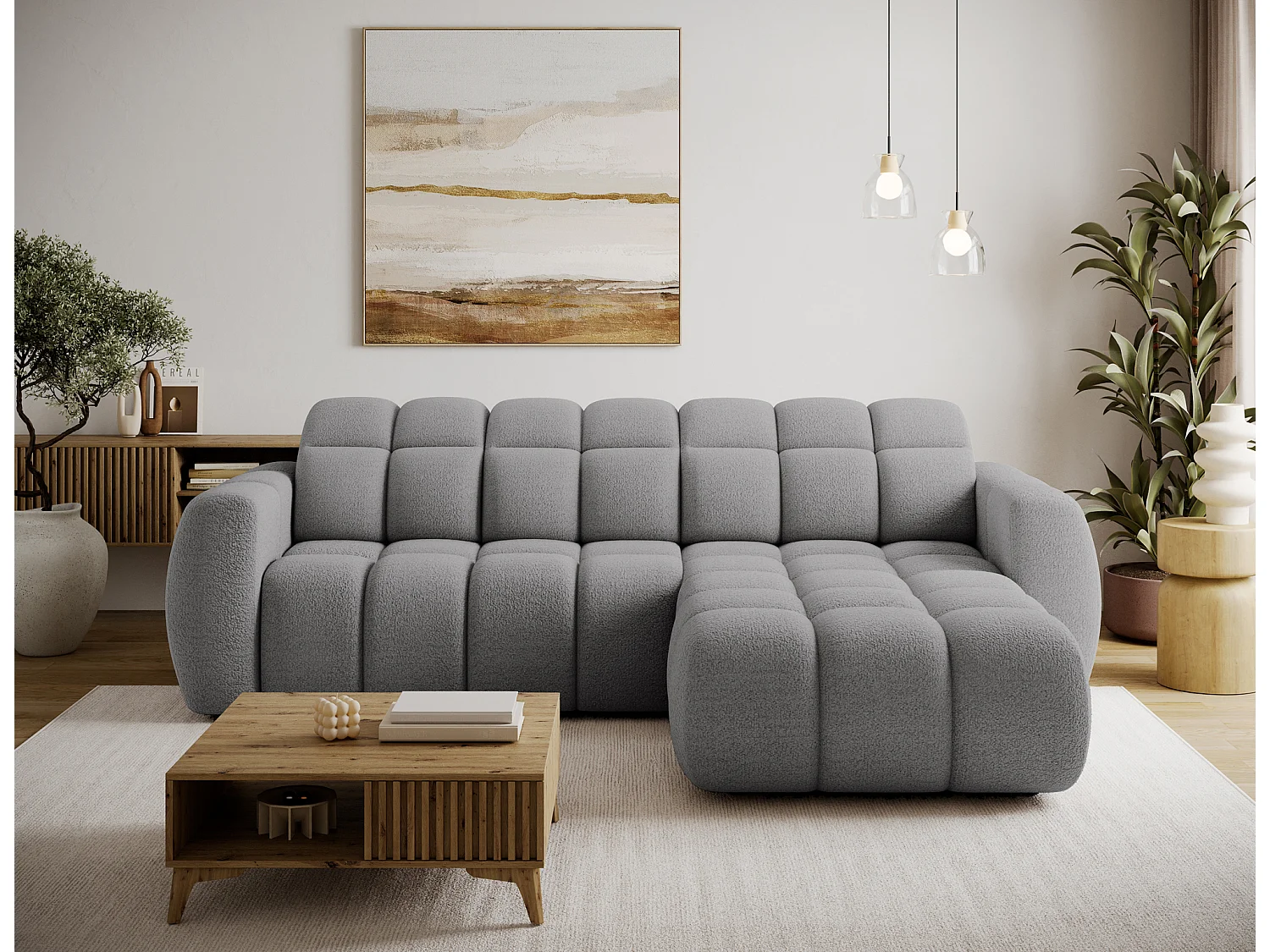 Canapé d’angle convertible 4 places tissu FENKA 288cm – Assise électrique & têtières réglables-Gris-angle droit