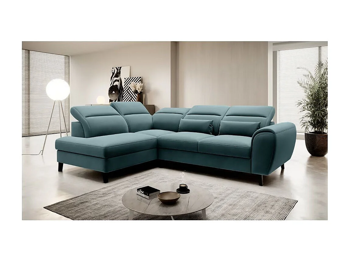 Canapé d'angle convertible avec rangement velours NOBLESSE - Pieds bois noir-Vert forêt-angle gauche