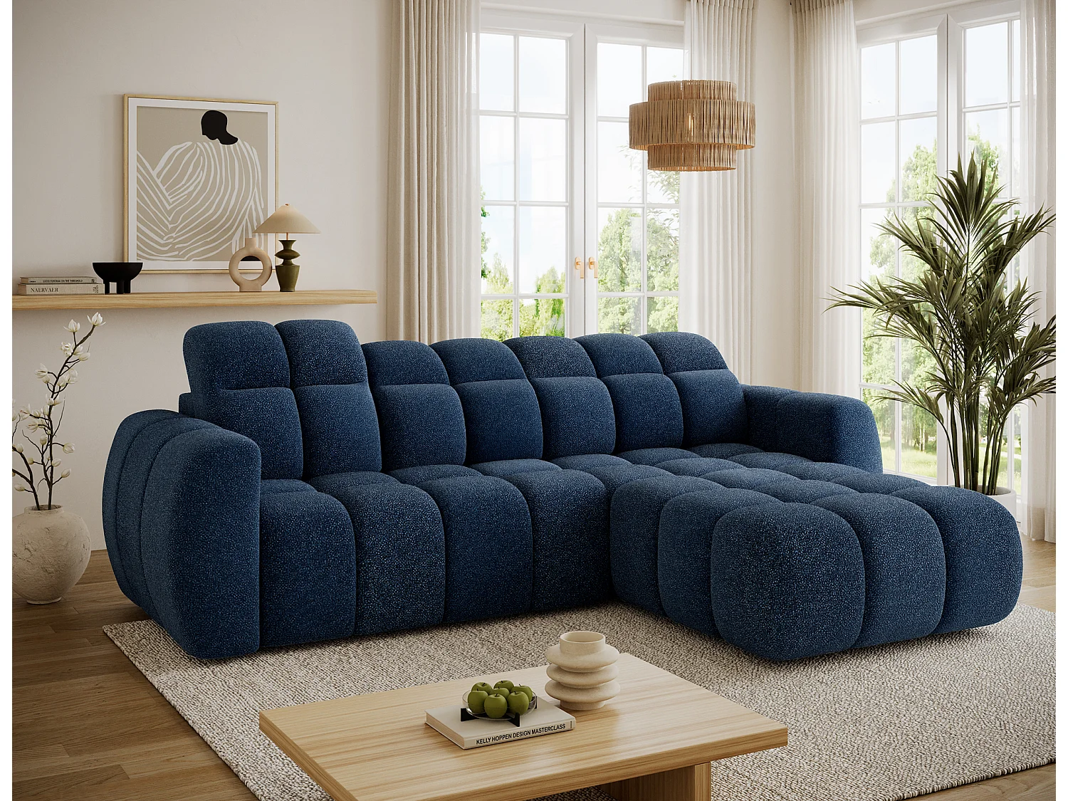 Canapé d’angle convertible 4 places tissu FENKA 288cm – Assise électrique & têtières réglables-Bleu-angle droit