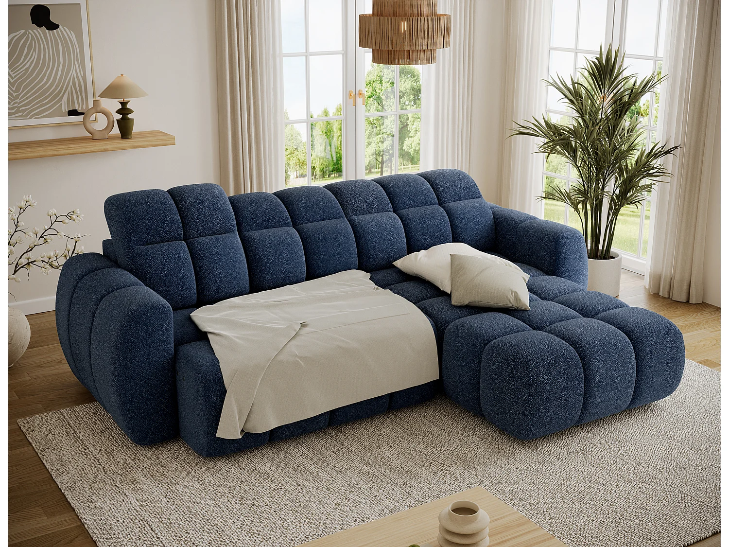 Canapé d’angle convertible 4 places tissu FENKA 288cm – Assise électrique & têtières réglables-Bleu-angle droit