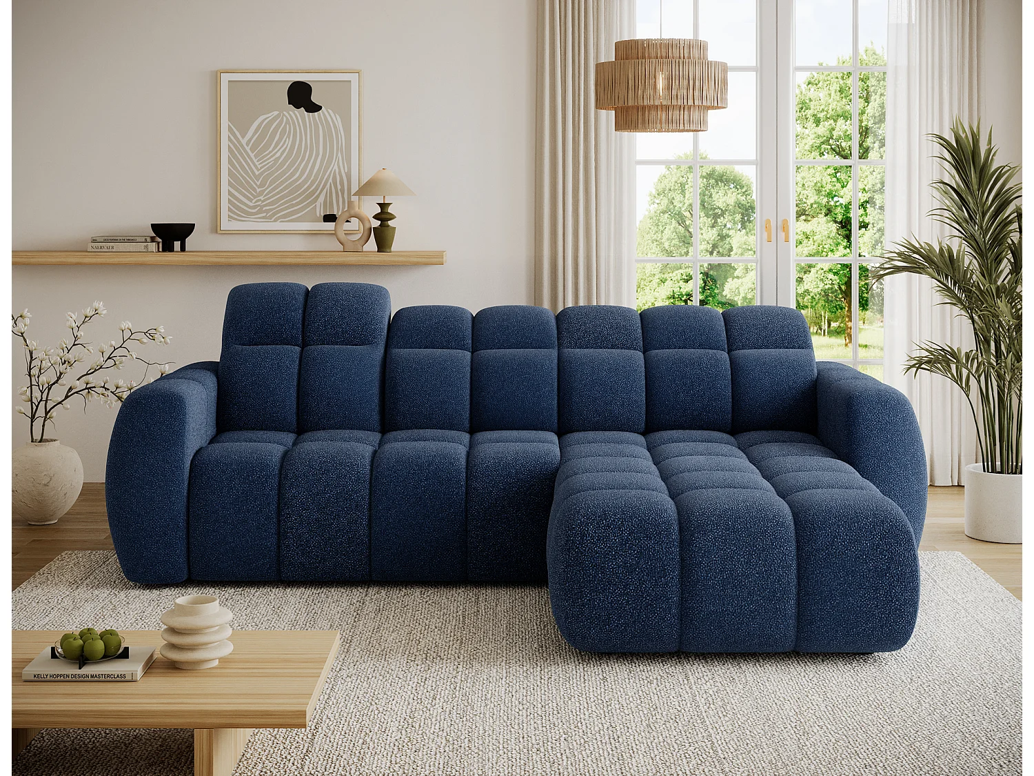 Canapé d’angle convertible 4 places tissu FENKA 288cm – Assise électrique & têtières réglables-Bleu-angle droit